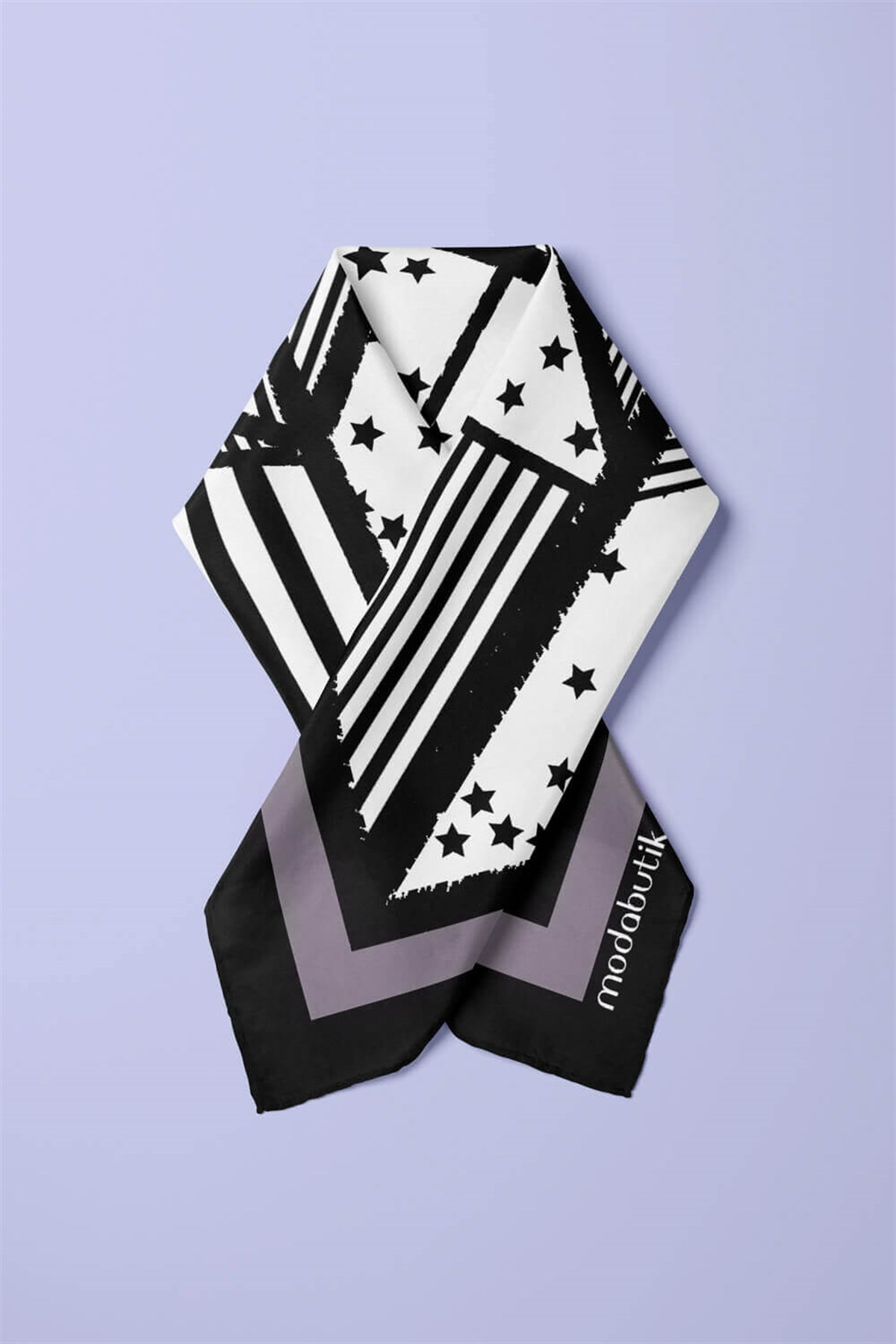 Violla Kadın Sİyah Beyaz Square Star Desenli 50x50 Bandana