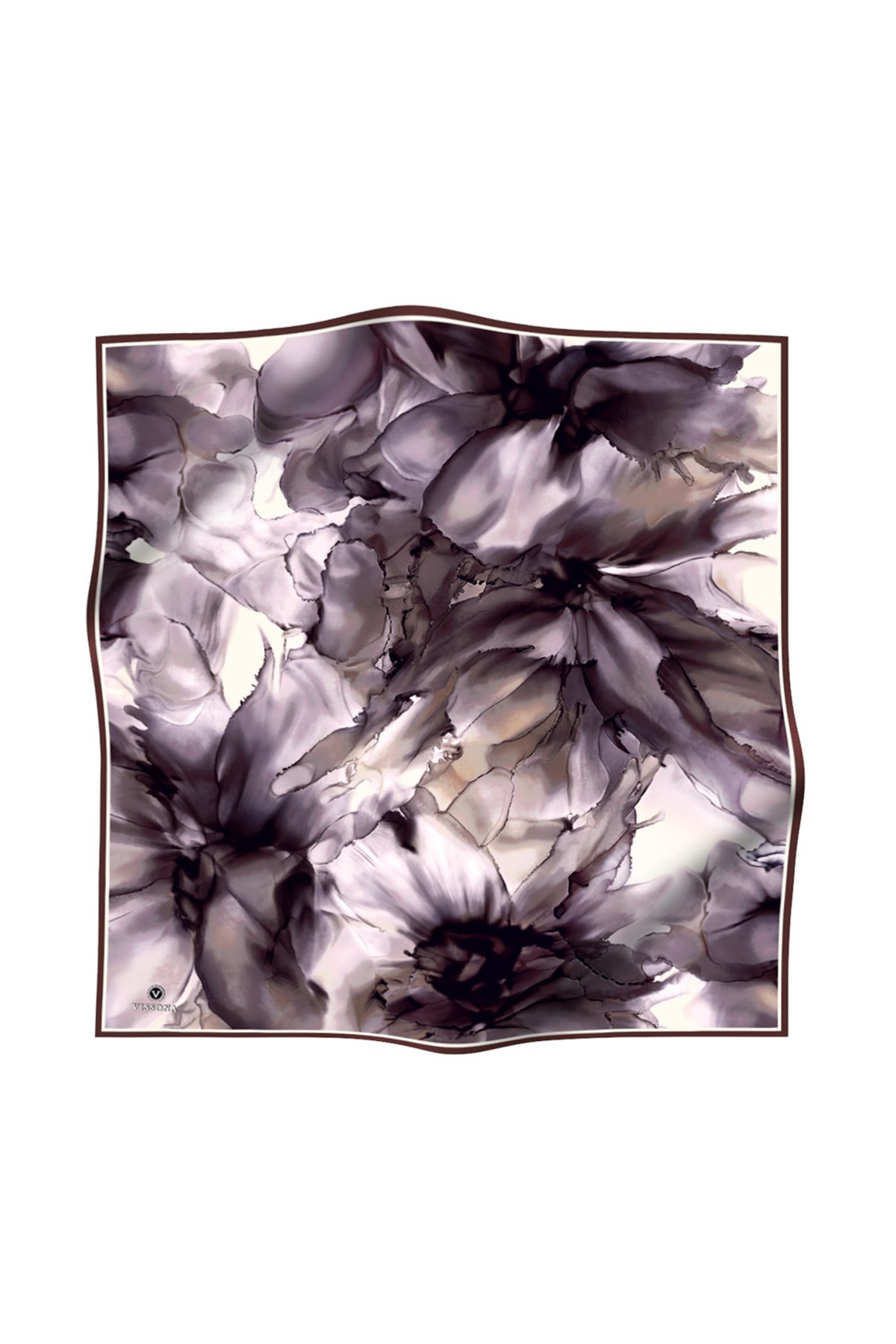 %100 Twill İpek Batik Çiçek Desenli Kahverengi Renkli 90x90 Eşarp Kenar Dikiş Şekli El Dikişli