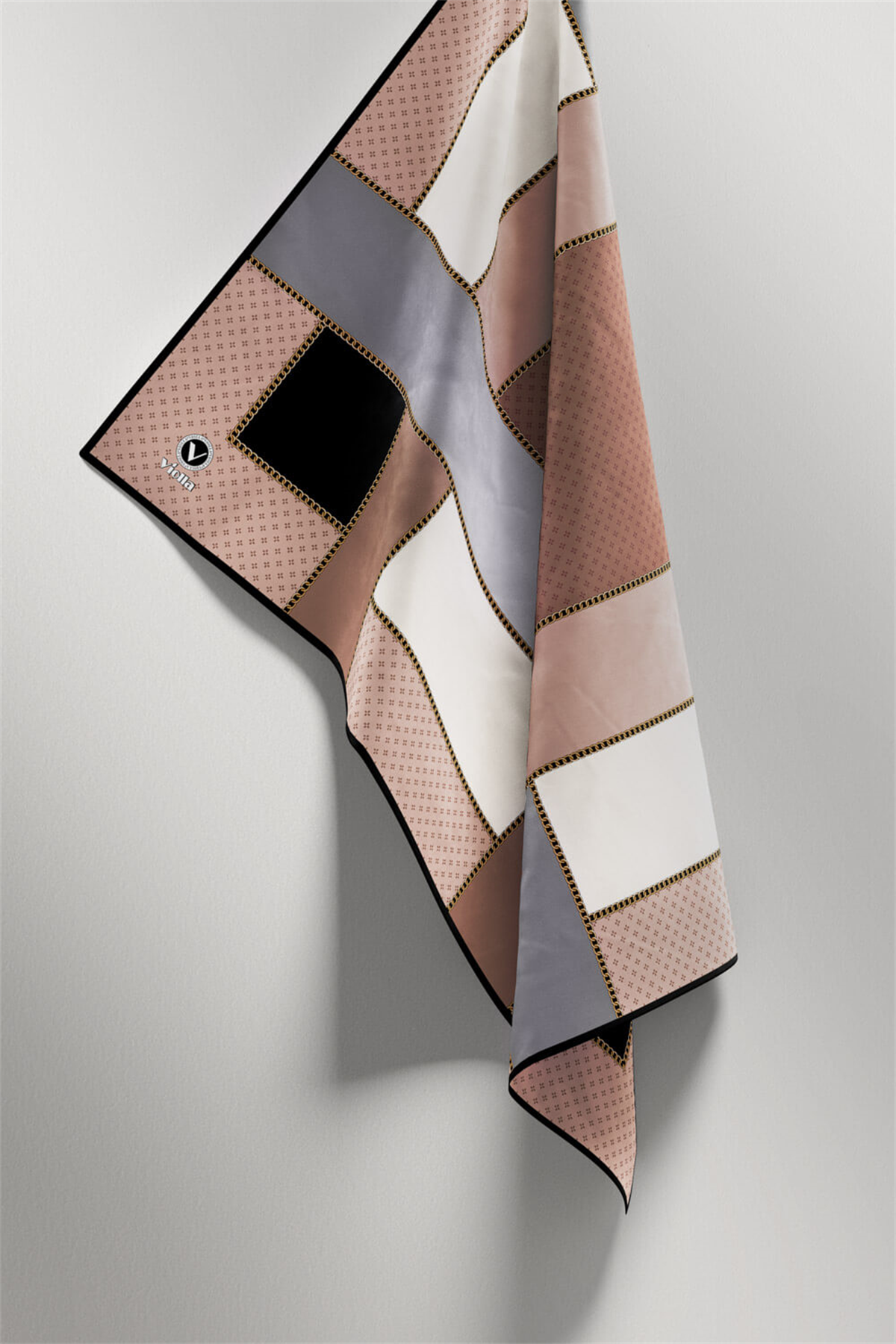 Twill Geometrik Desenli Gri - Bej Renkli 90x90 Eşarp (İpek İçermez) Kenar Dikiş Şekli El Dikişli
