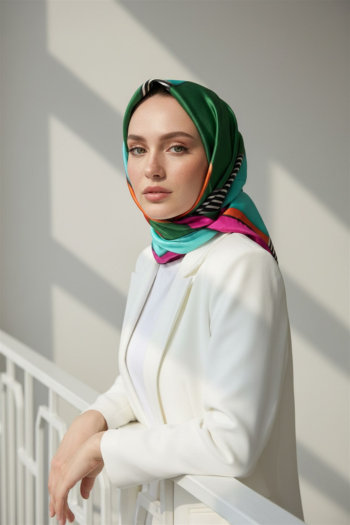 %100 Twill İpek Çizgili ve Geometrik Desenli Zümrüt Yeşili - Fuşya Renkli 90x90 Eşarp Dikim Şekli : El Dikişi