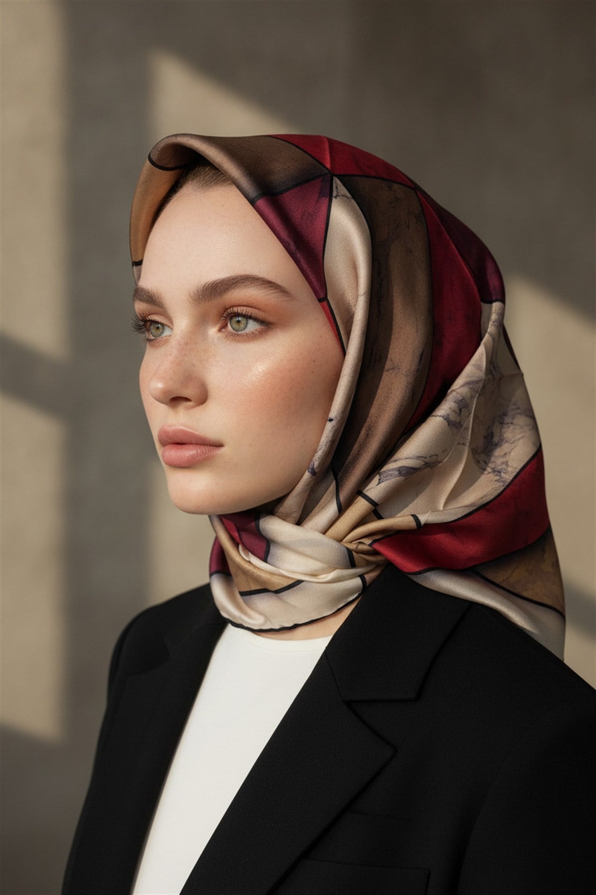 %100 Twill İpek Mermer Desenli Bordo - Bej Renkli 90x90 Eşarp Dikim Şekli : El Dikişi