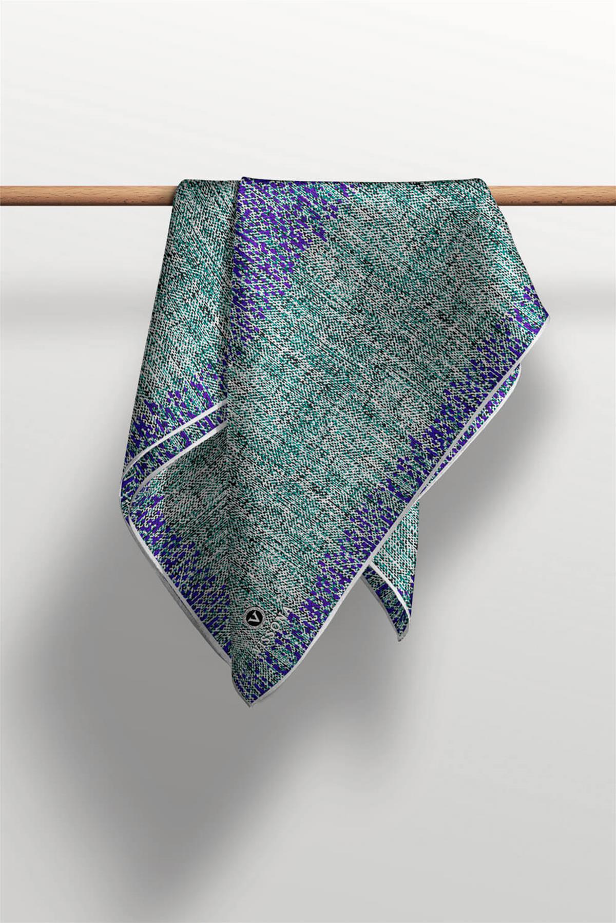 %100 Twill İpek Dokulu Desen Mor - Turkuaz Renkli 90x90 Eşarp Kenar Dikiş Şekli El Dikişli