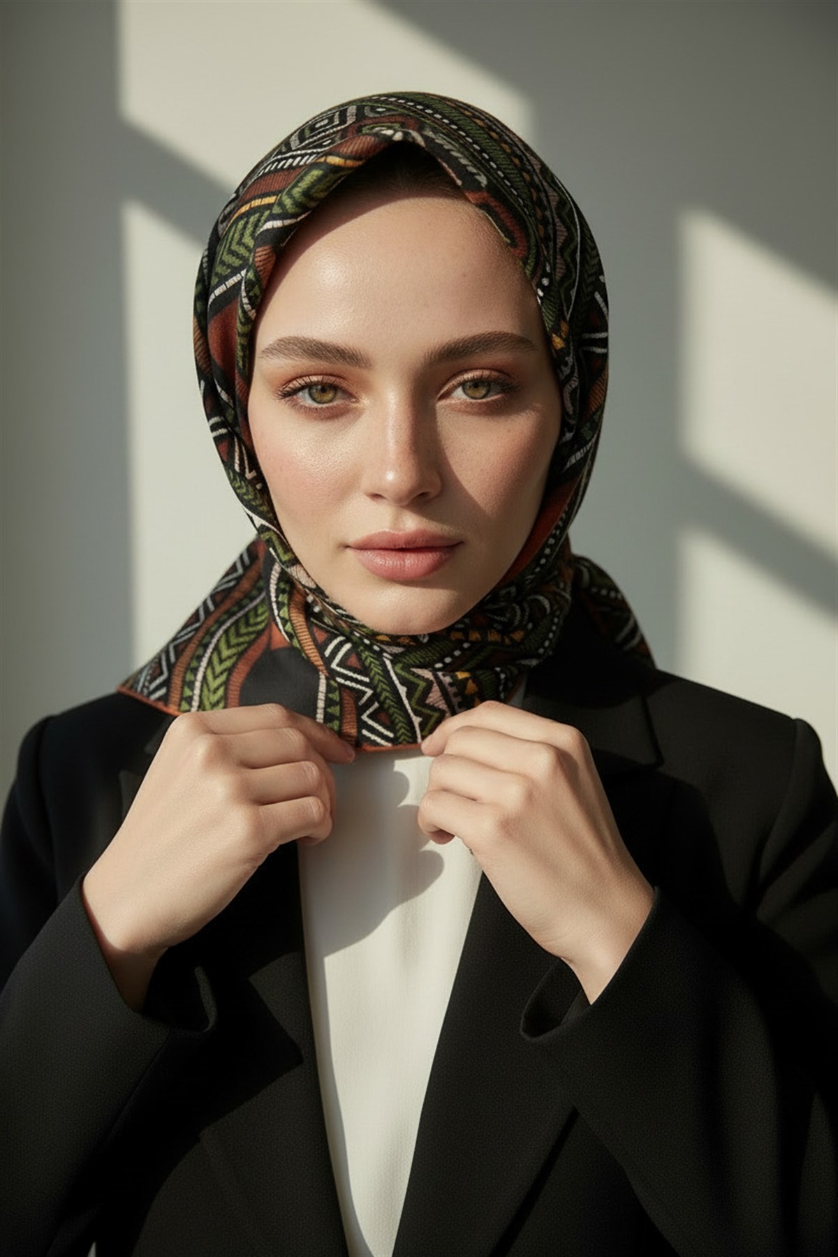 %100 Twill İpek Etnik Desenli Taba - Haki Renkli 90x90 Eşarp Dikim Şekli : El Dikişi