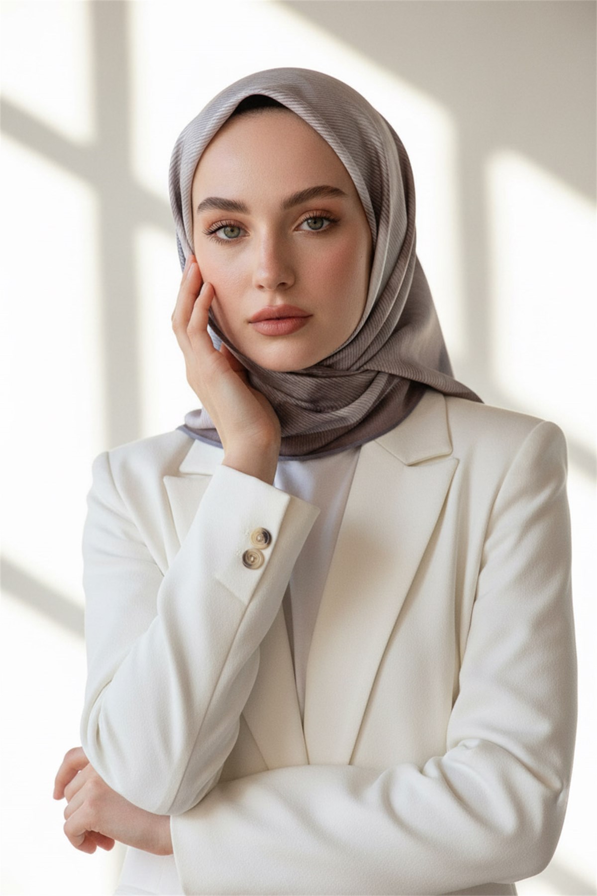 %100 Twill İpek Yaprak Desenl Gri - Bej Renkli 90x90 Eşarp Dikim Şekli : El Dikişi