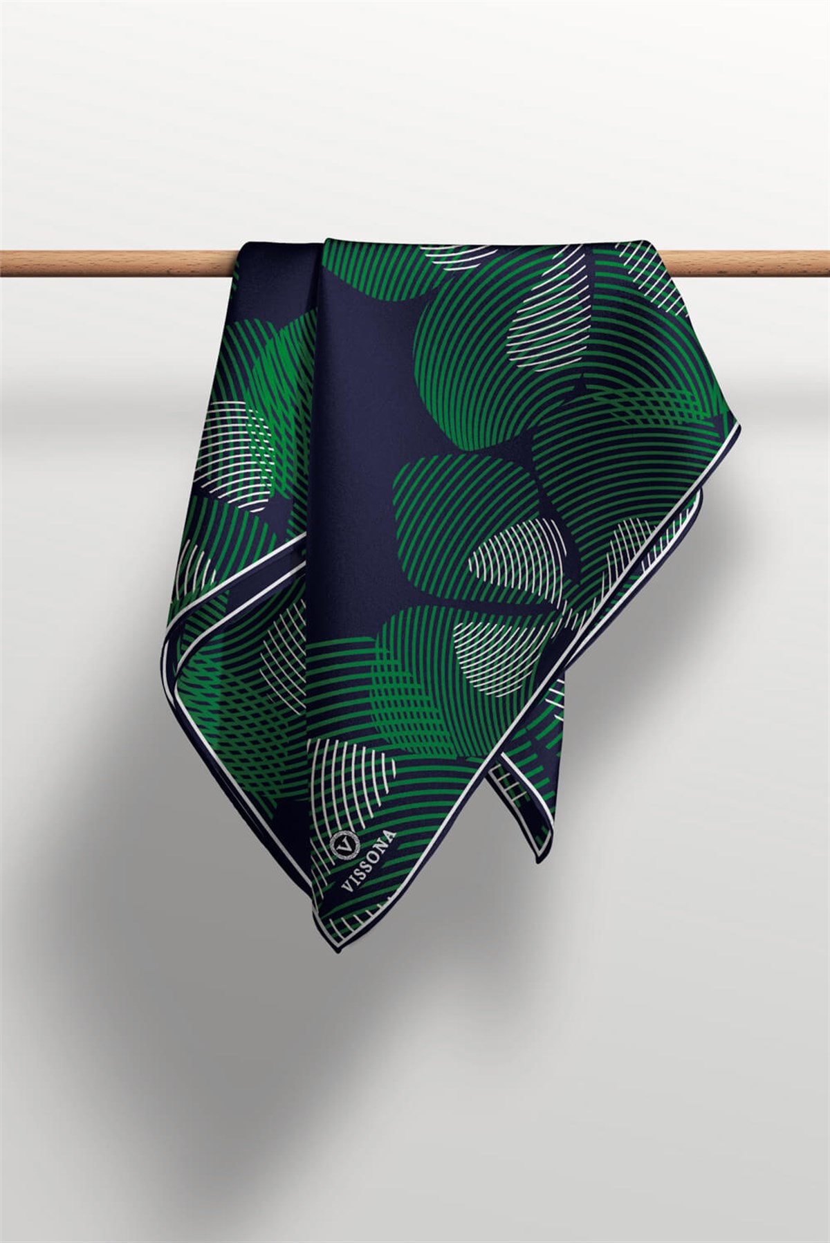 %100 Twill İpek Çizgili Çiçek Desenli Lacivert - Zümrüt Yeşili Renkli 90x90 Eşarp Dikim Şekli : El Dikişi