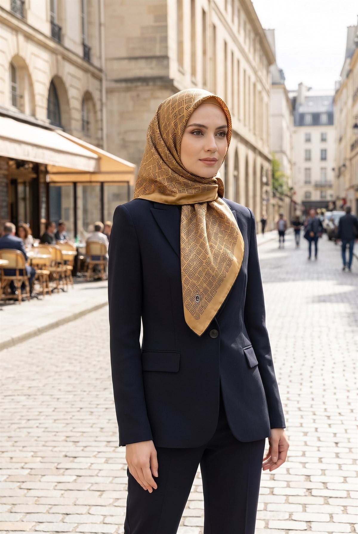 100% Twill İpek Etnik Motif Desenli Gold - Siyah Renkli 90x90 Dikim Şekli : El Dikişi Eşarp