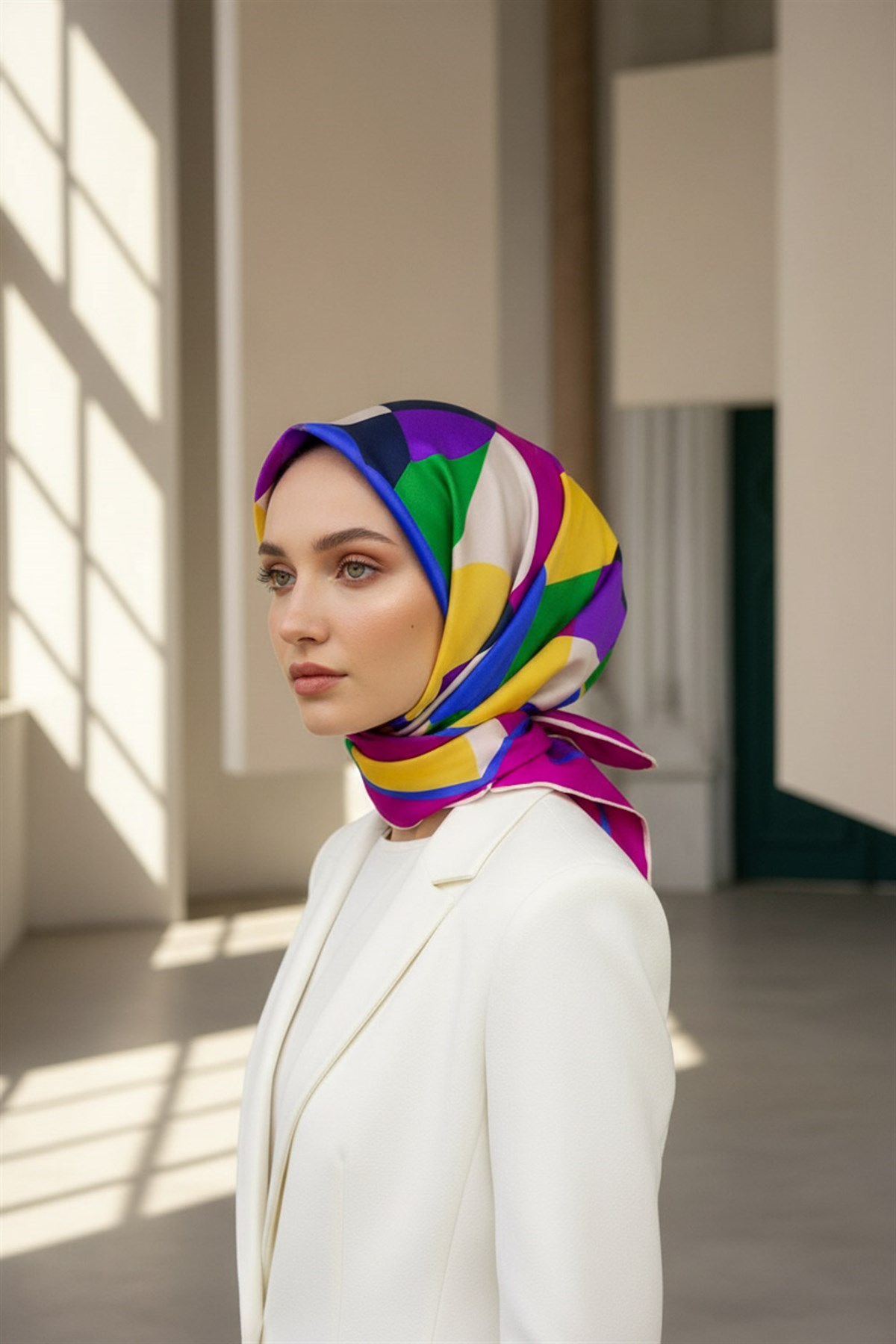 %100 Twill Renk Bloklu Çizgili Desenli Fuşya - Saks Renkli 90x90 Eşarp Dikim Şekli: El Dikişii