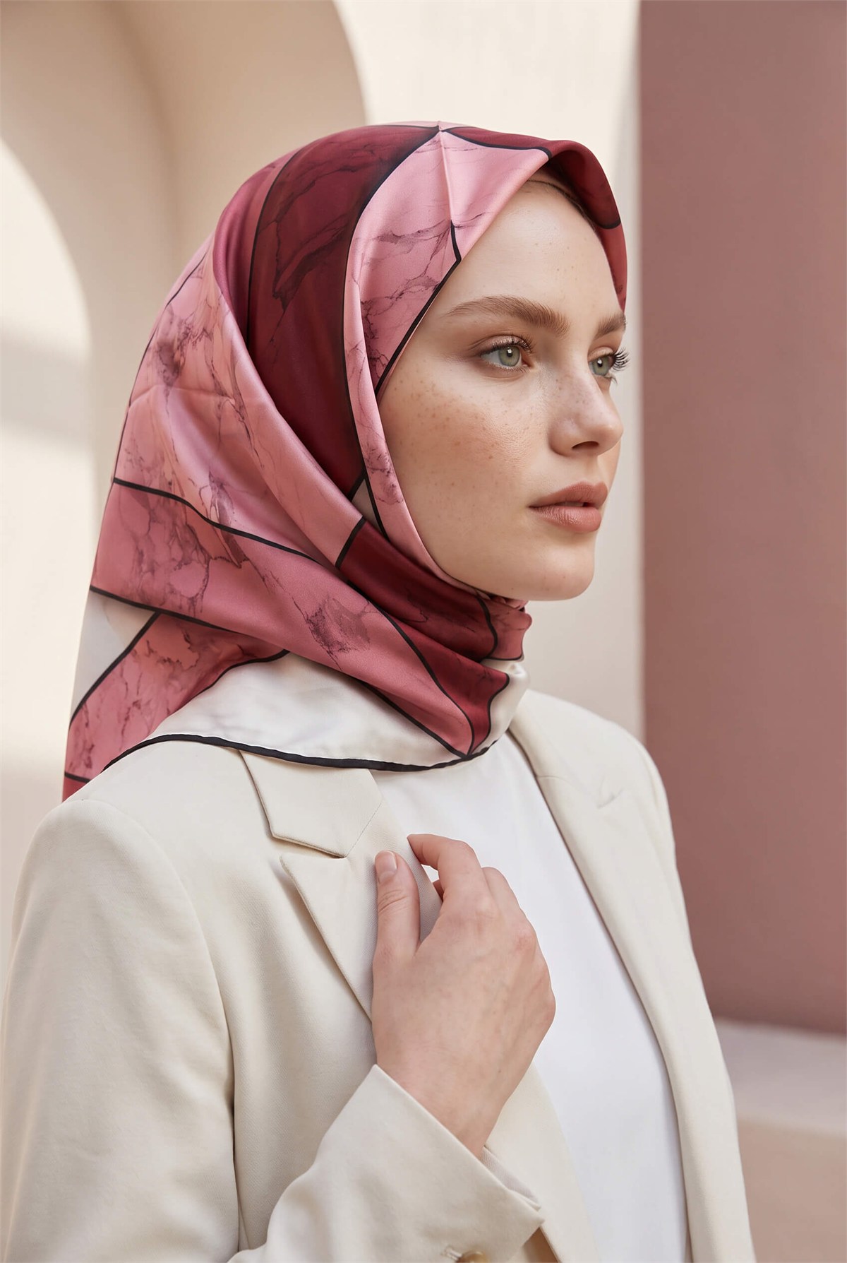 Rayon Mermer Desenli Pudra - Gül Kurusu Renkli 90x90 Eşarp (İpek İçermez) Kenar Dikiş Şekli El Dikişli