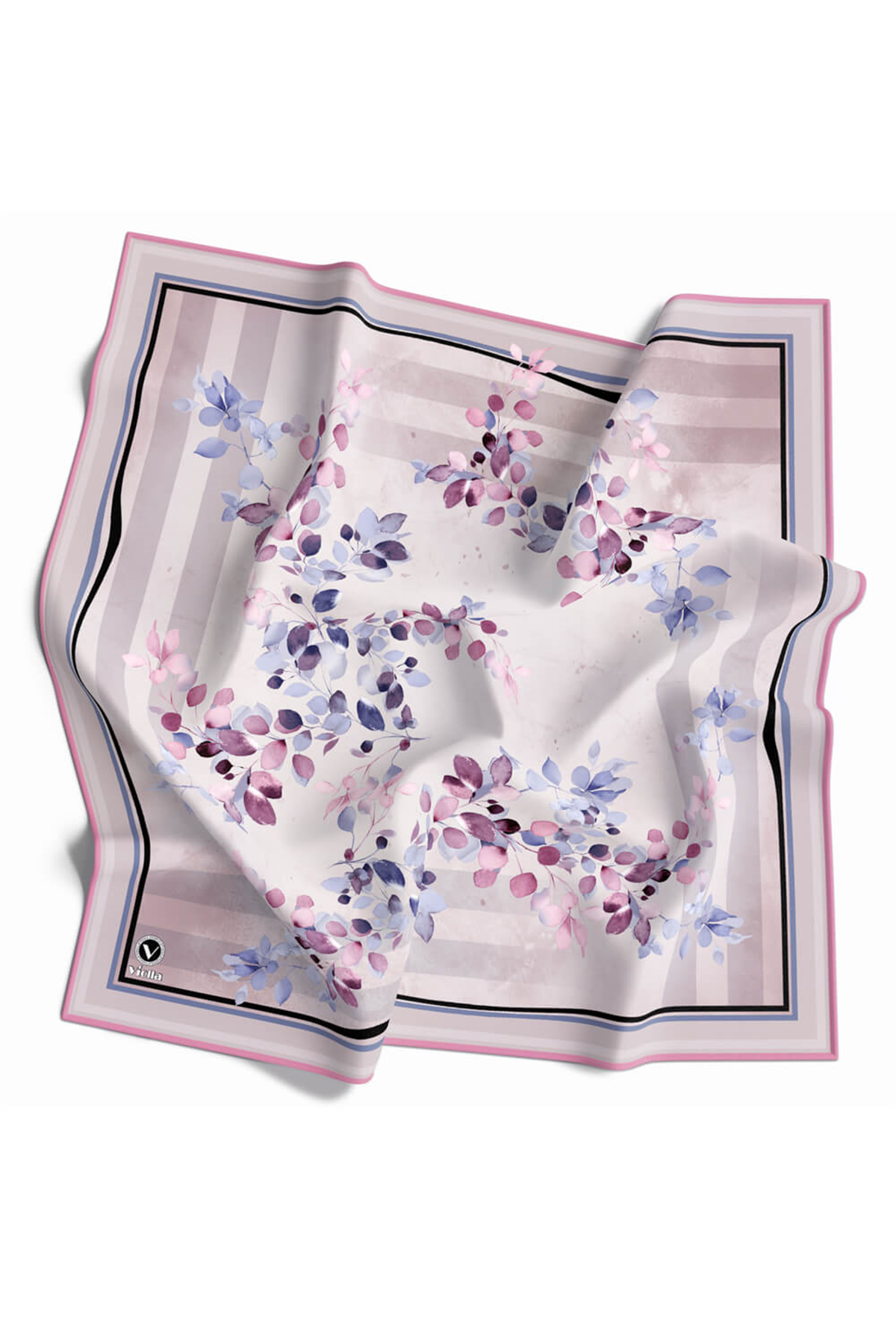 Twill Çiçek Desenli Pembe Renkli 90x90 Eşarp (İpek İçermez) Kenar Dikiş Şekli El Dikişli
