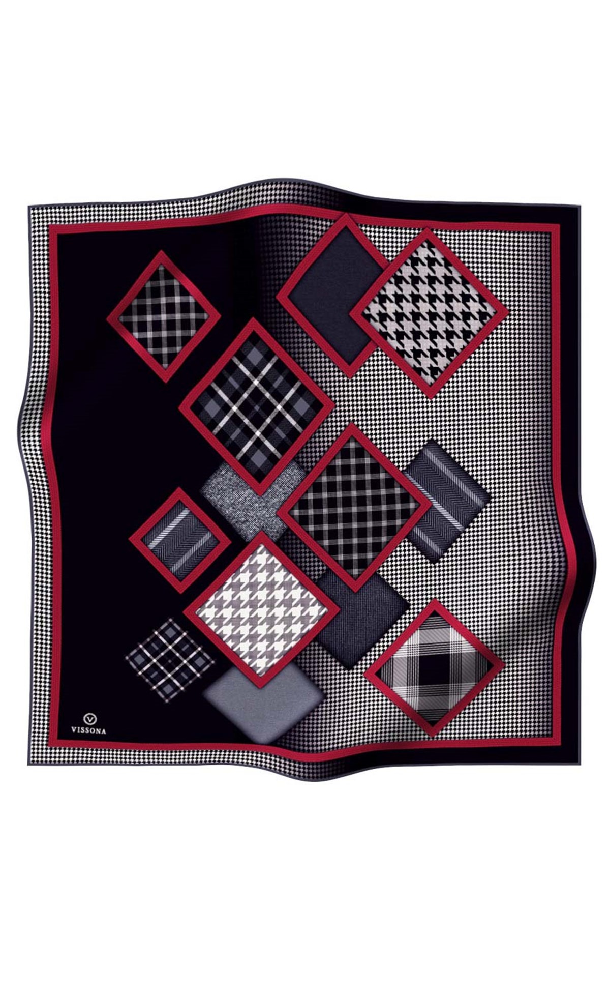 %100 Twill İpek Kazakayaklı Ve Ekose Desenli Gri - Kırmızı Renkli 90x90 Eşarp Dikim Şekli : El Dikişi