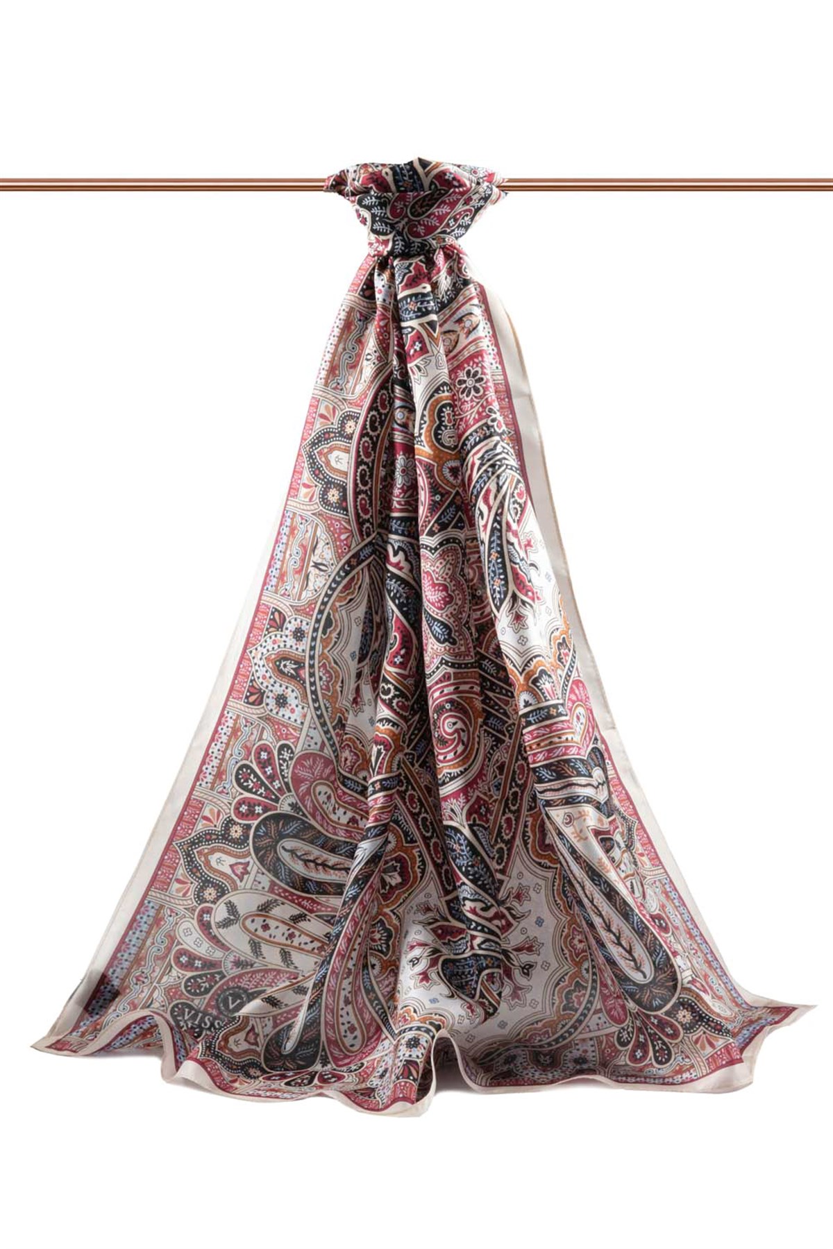 100% İpek Etro Desenli Taş - Bordo Renkli 92x210 Şal