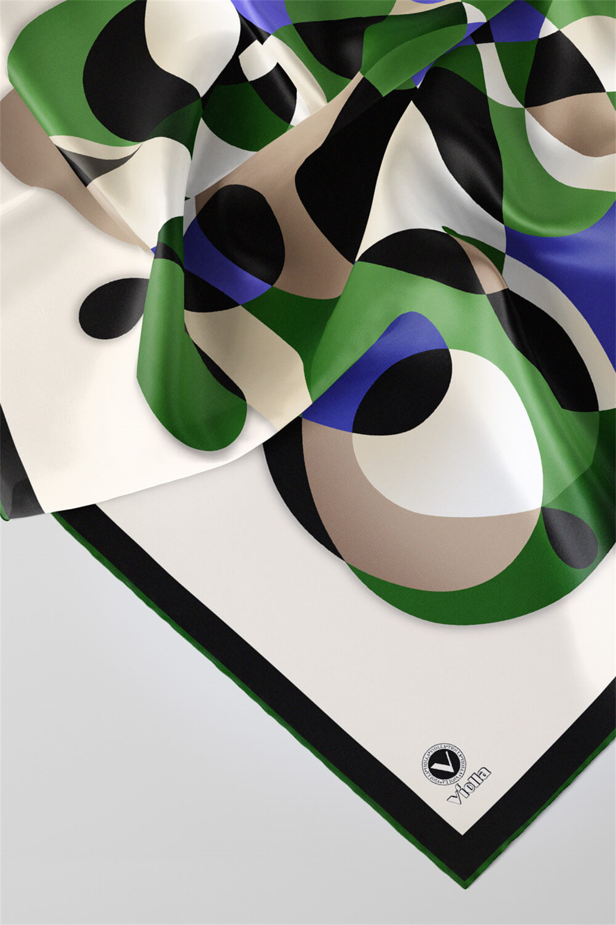 Twill Geometrik Desenli Zümrüt Yeşili - Saks Renkli 90x90 Eşarp (İpek İçermez) Kenar Dikiş Şekli El Dikişli