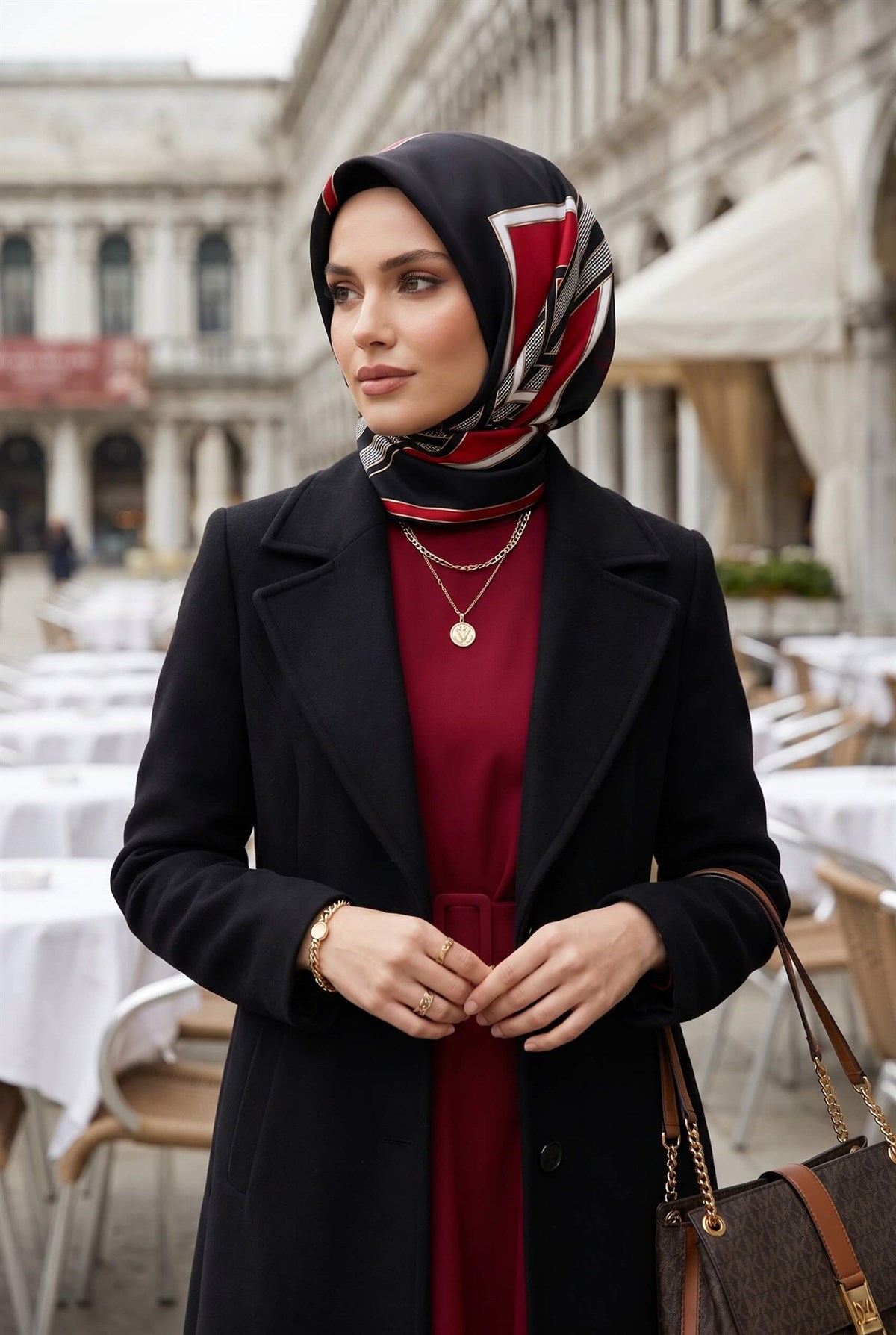 %100 Twill İpek Kareli Kazayaklı Desenli Siyah - Kırmızı Renkli 90x90 Eşarp Kenar Dikiş Şekli El Dikişli