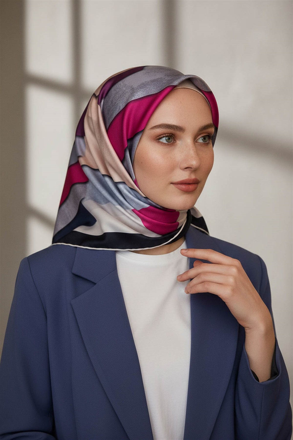 % 57 İPEK % 43 VİSKON Twill Geometrik Bulut  Desenli Mürdüm Fuşya Renkli 90x90 Eşarp Dikim Şekli: El Dikişi