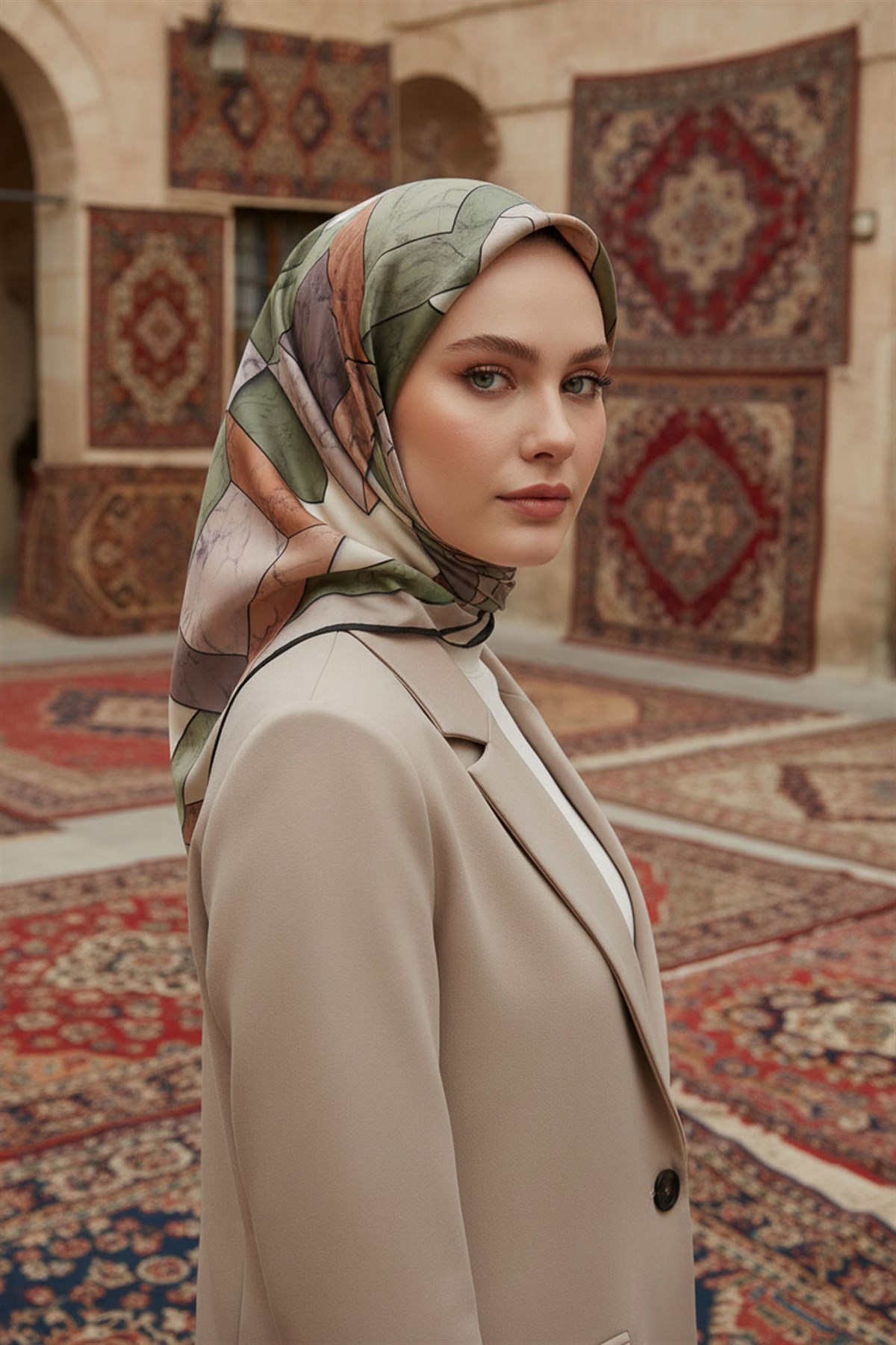 %100 Twill İpek Mermer Desenli Bakır - Haki Renkli 90x90 Eşarp Dikim Şekli : El Dikişi