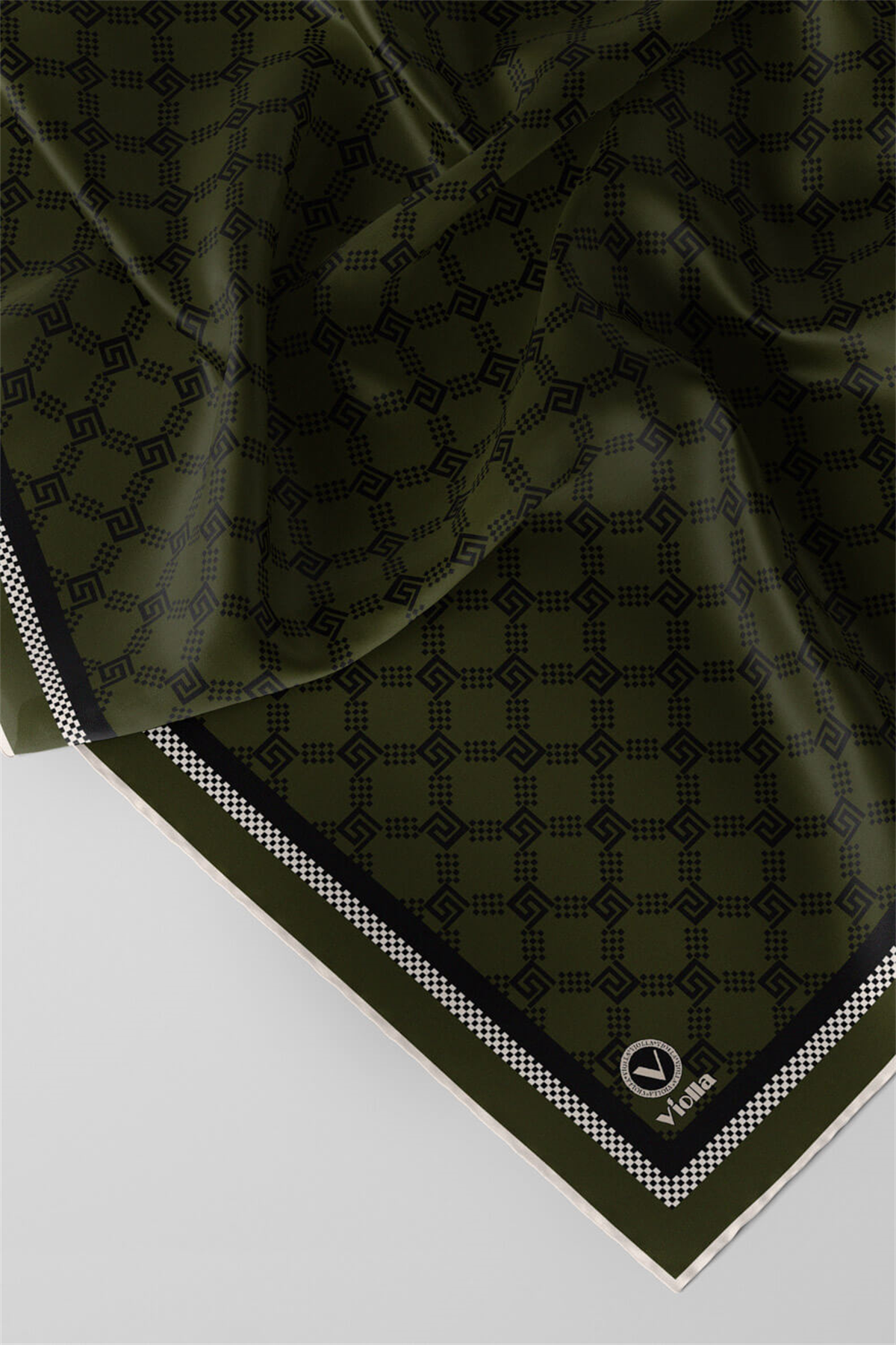 Twill Minik Motifli Geometrik Desenli Haki Renkli 90x90 Eşarp (İpek İçermez) Dikim Şekli : El Dikişi