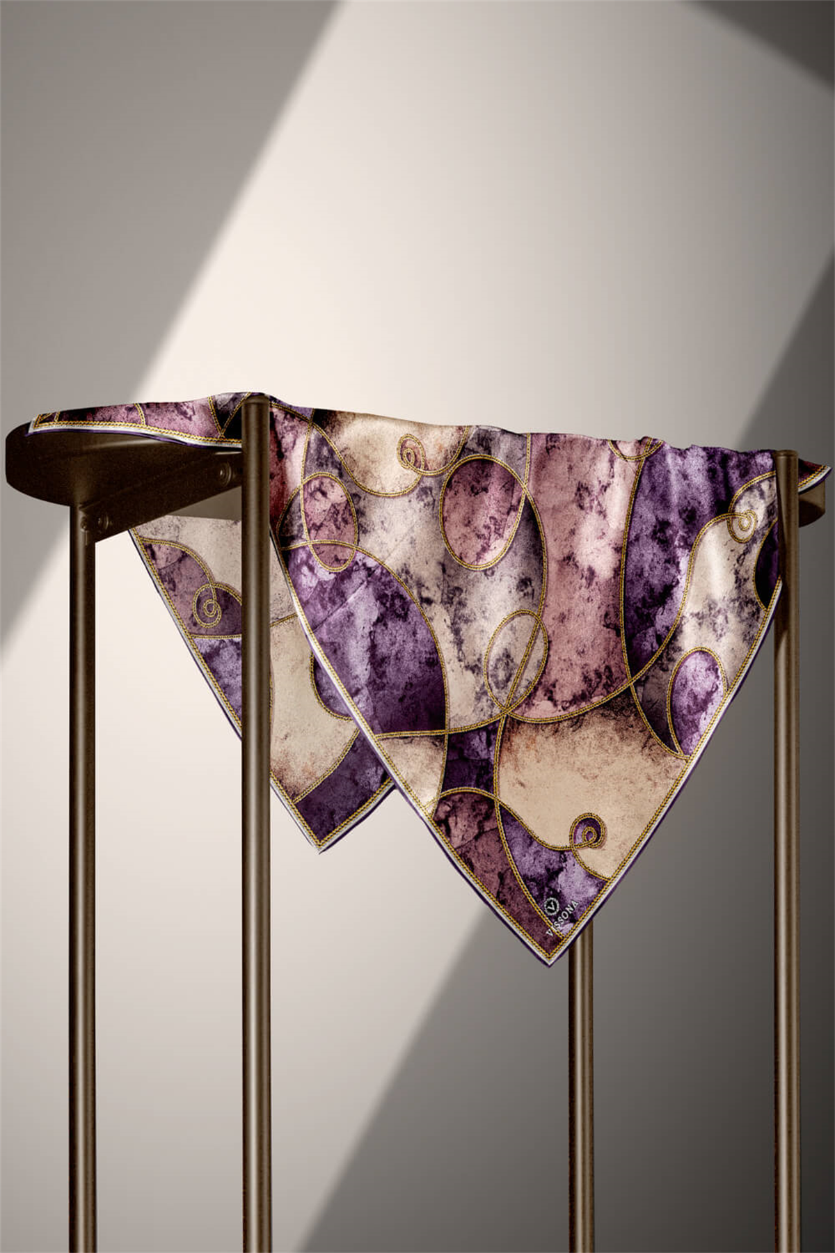 % 57 İPEK % 43 VİSKON Twill İpek Zincirli Mermer Desenli Mor - Pudra Renkli 90x90 Eşarp Dikim Şekli : El Dikişi