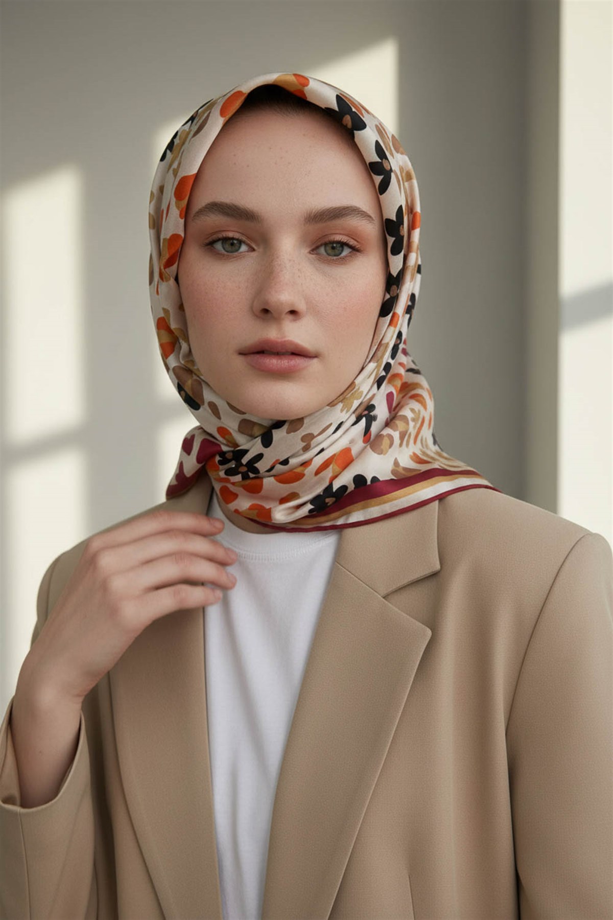 %100 Twill İpek Kalpli Leopar Desenli Krem - Bordo Renkli 90x90 Eşarp Dikim Şekli : El Dikişi