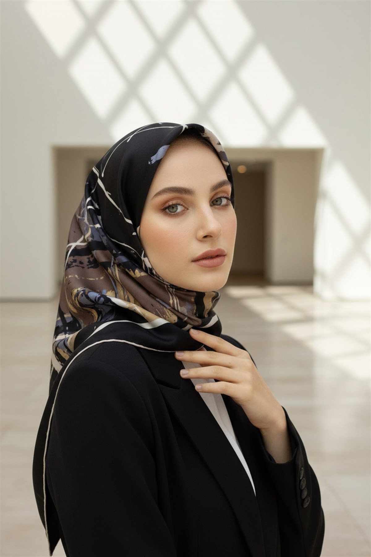 %57 İPEK %43 VİSKON Twill İpek Geometrik Desenli Bej - Gri Renkli 90x90 Eşarp Dikim Şekli : El Dikişi