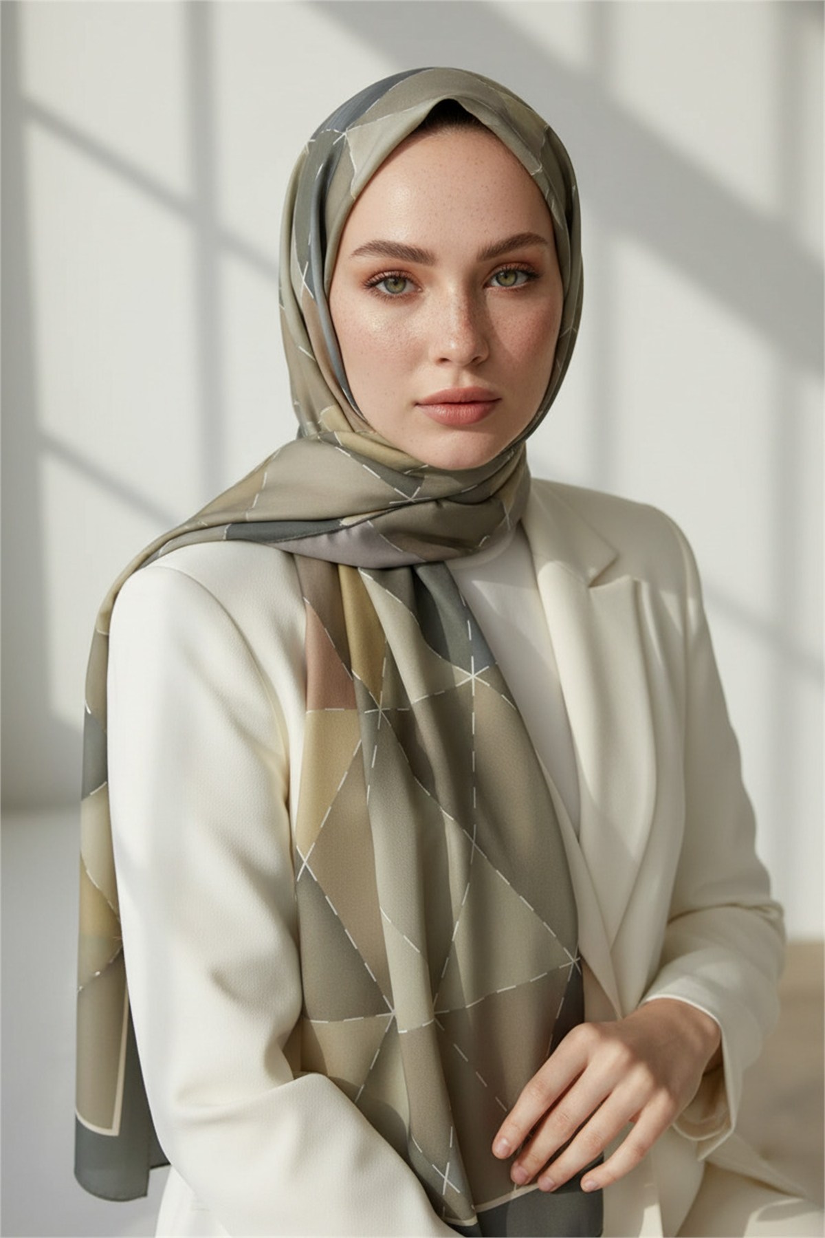 KREP ÜÇGEN YAMA DESENLİ GRİ RENKLİ 75X195 KIRIŞMAZ ŞAL
