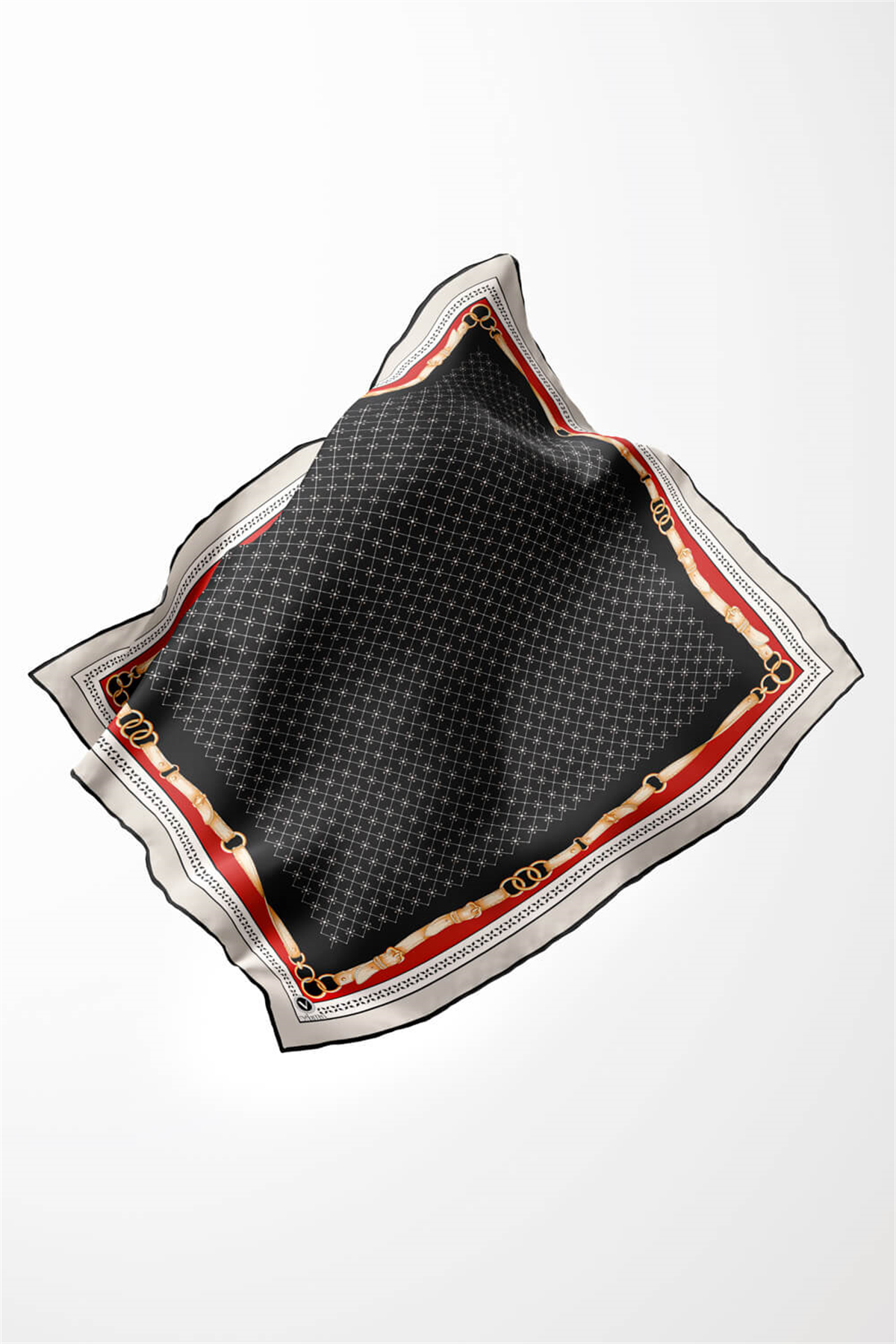 Twill Kemerli ve Çıtır Motifli Desenli Siyah Renkli 90x90 Eşarp (İpek İçermez) Dikim Şekli : El Dikişi