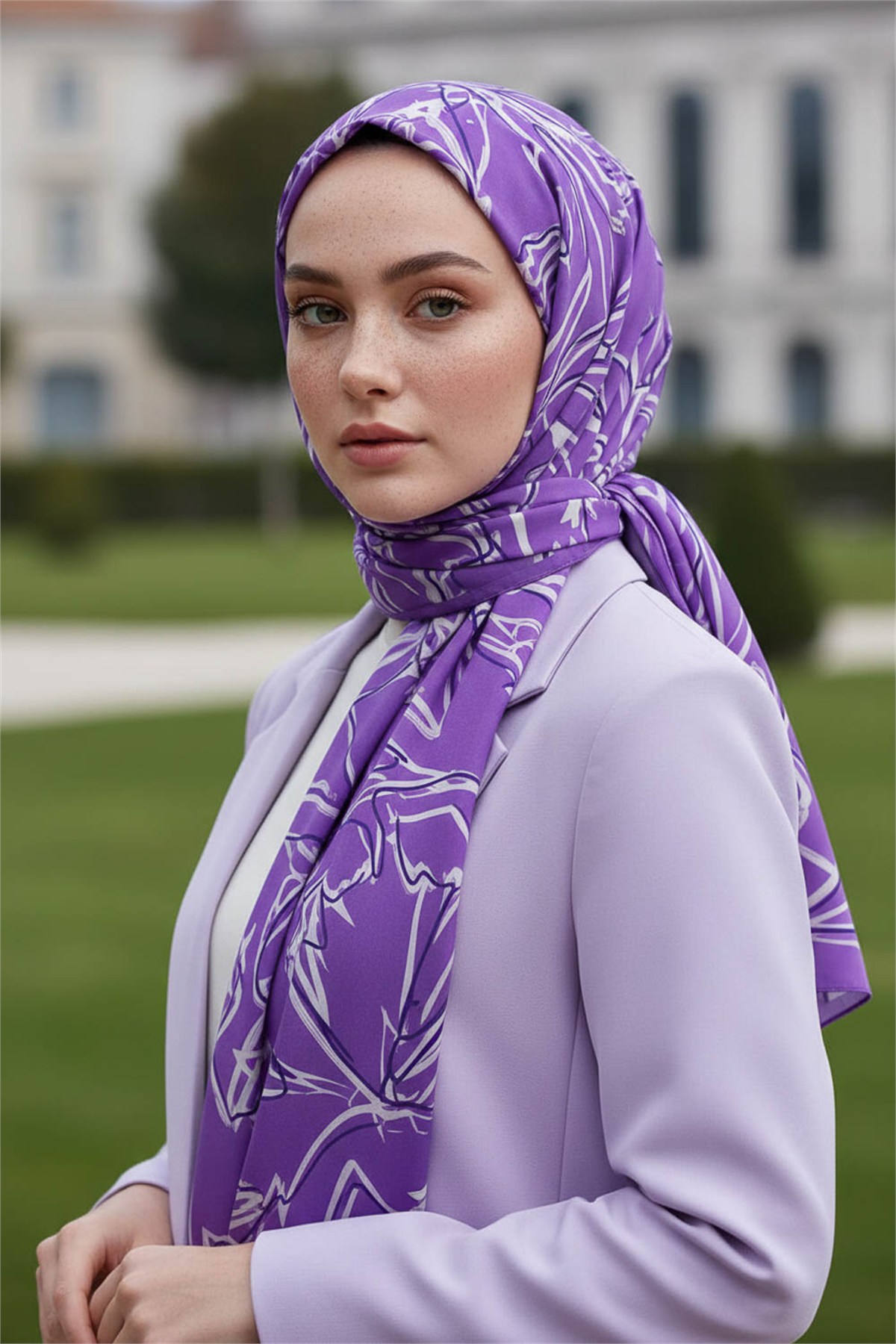 KREP YAPRAK DESENLİ LİLA RENKLİ 75X195 KIRIŞMAZ ŞAL