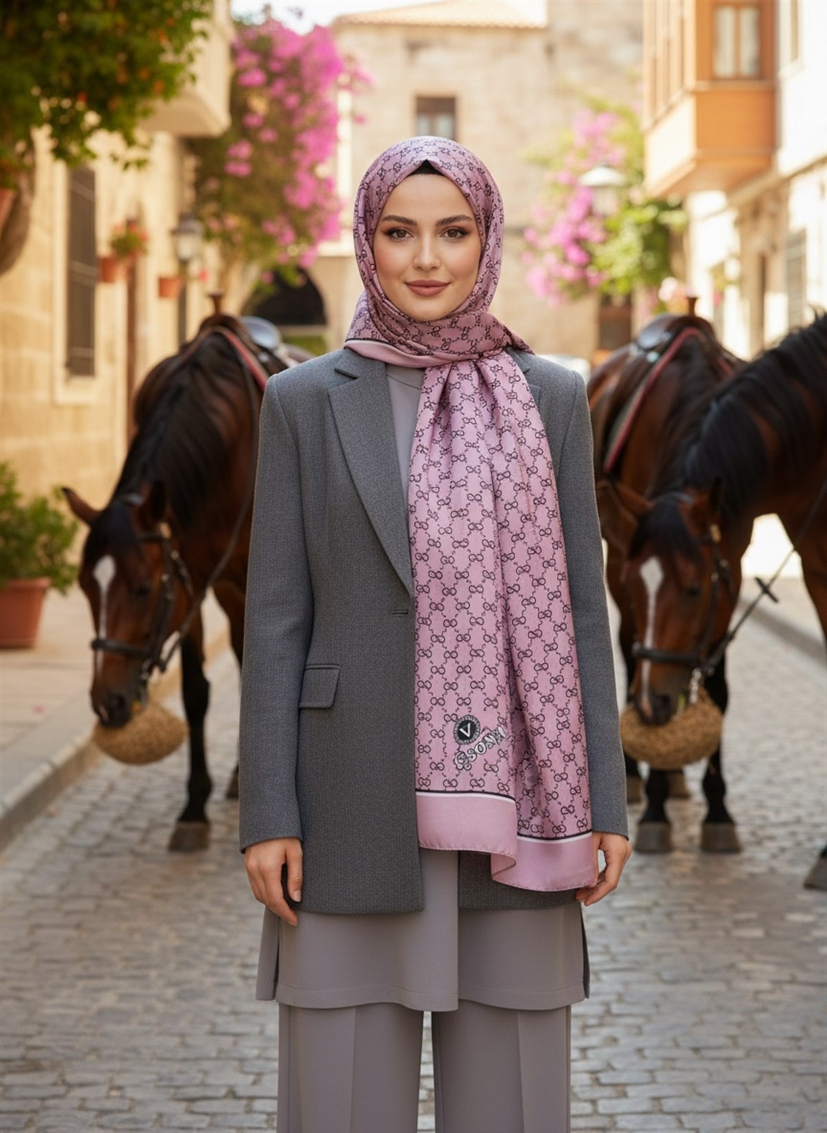 %100 İpek Minik Motif Desenli Gül Kurusu Renkli 92x210 Şal