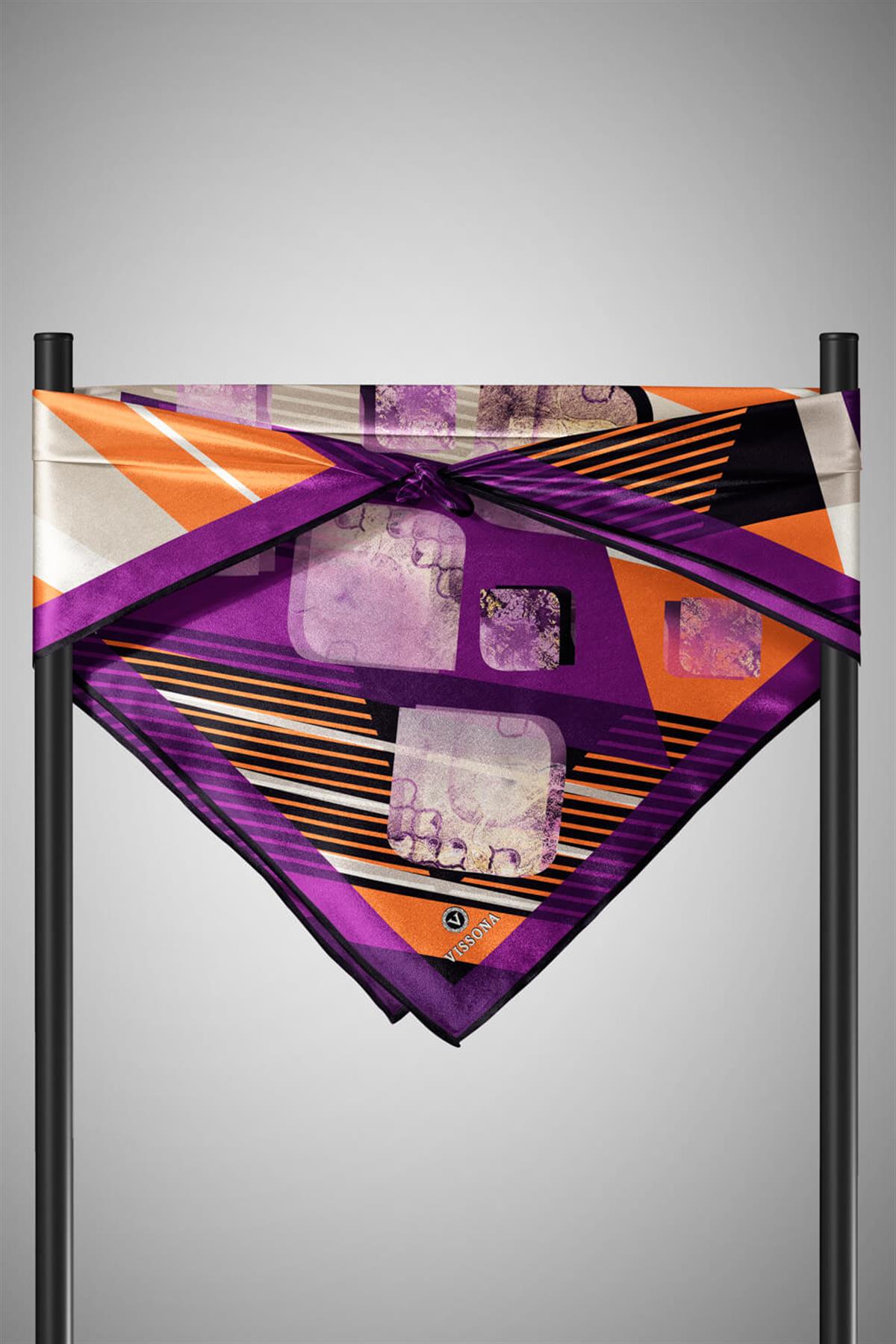 %100 Twill İpek Geometrik Desenli Mürdüm - Turuncu Renkli 90x90 Eşarp Dikim Şekli : El Dikişi