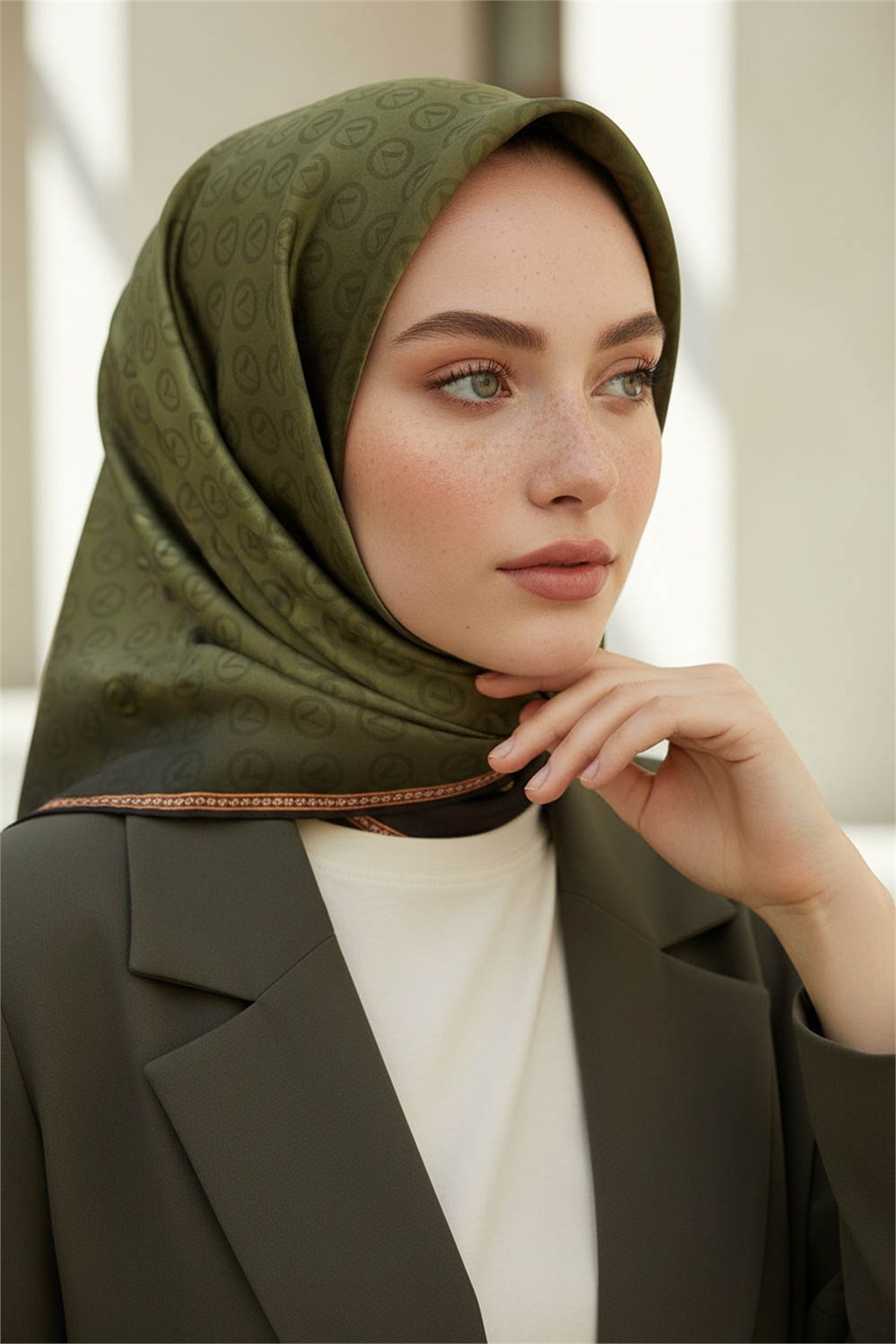 Rayon Degra Desenli Haki Renkli 90x90 Dikim Şekli : El Dikişi Eşarp (İpek İçermez) Kenar Dikiş Şekli El Dikişli