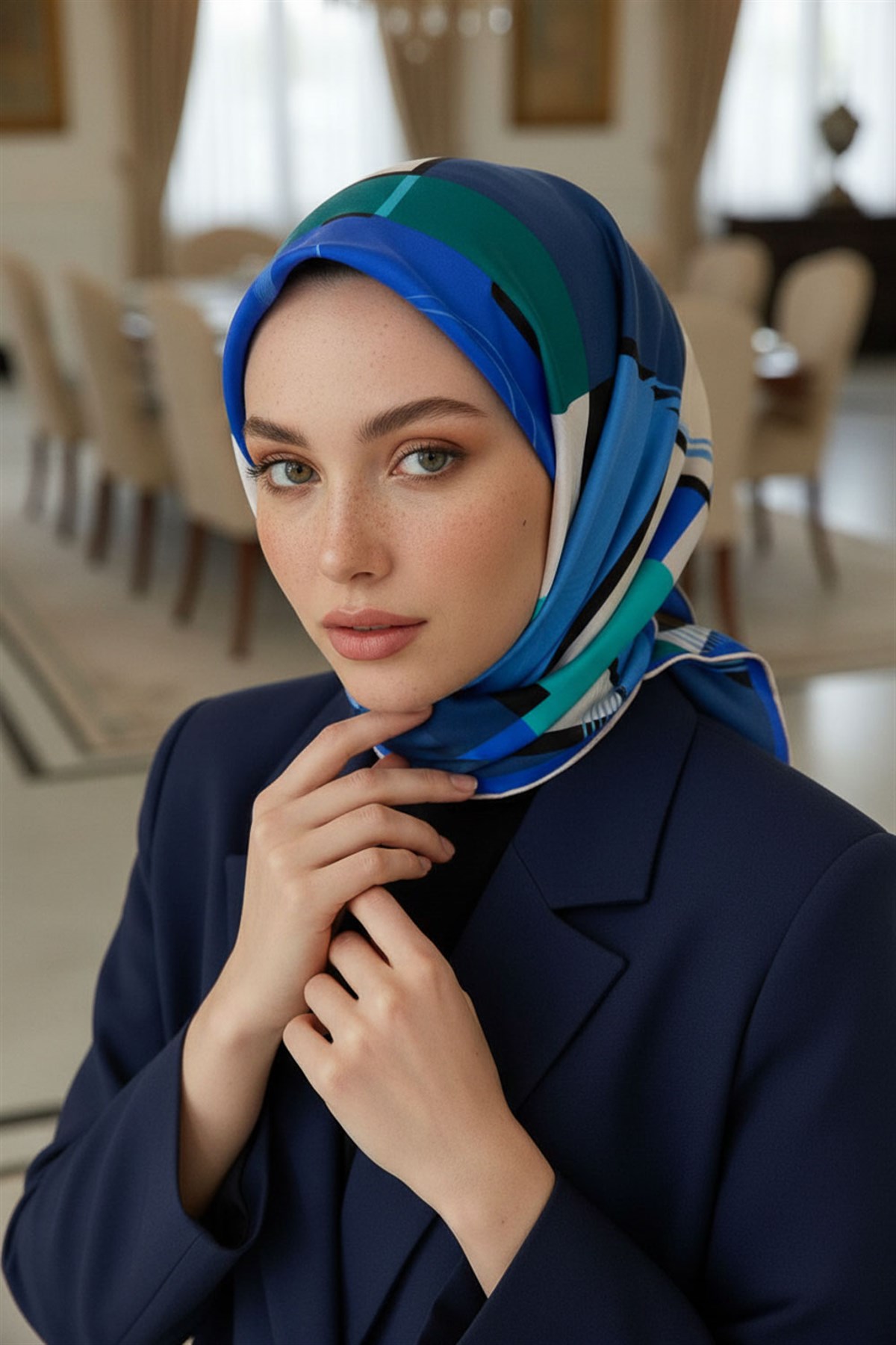 %100 Twill İpek Geometrik Desenli Saks - Mint Yeşili Renkli 90x90 Eşarp Dikim Şekli : El Dikişi