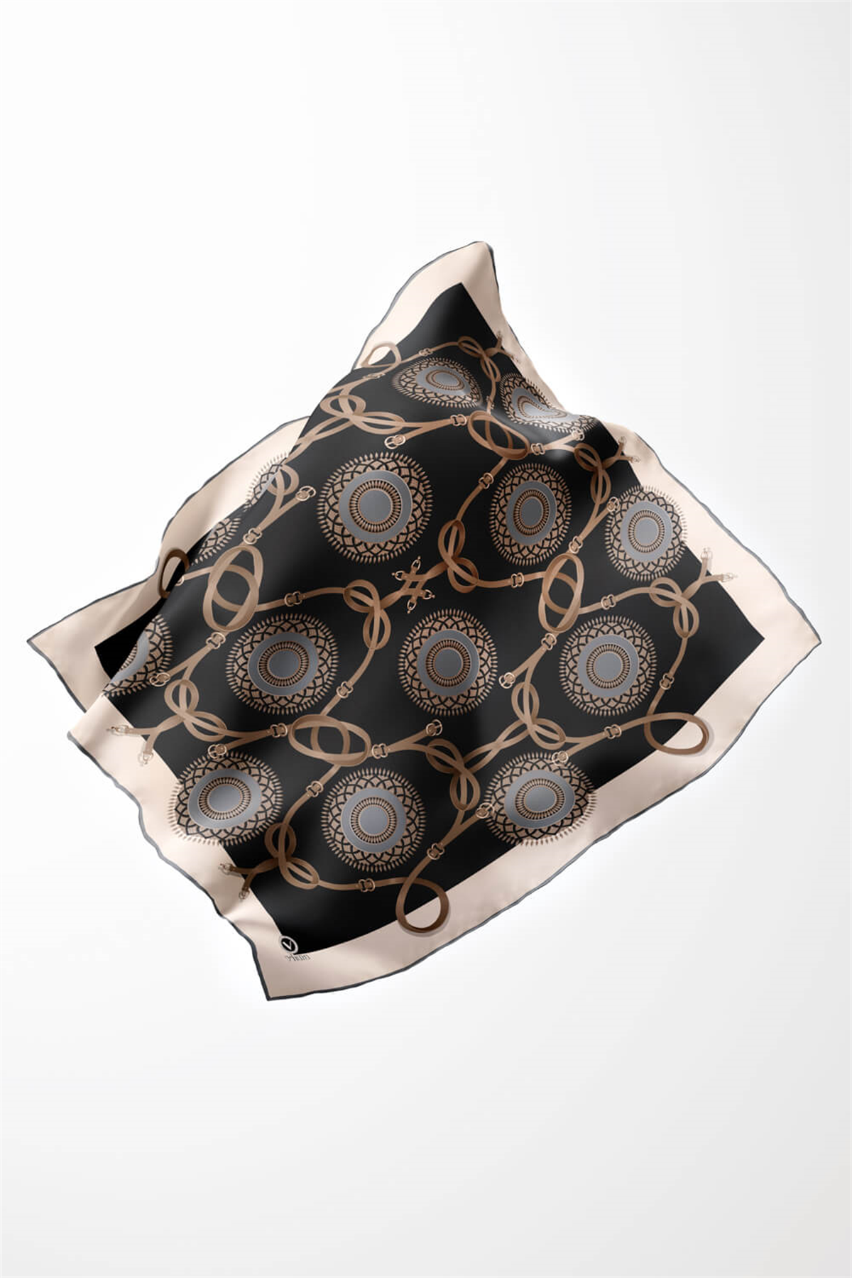 Twill Kemerli Ve Geometrik Desenli Gri Renkli 90x90 Eşarp (İpek İçermez) Kenar Dikiş Şekli El Dikişli