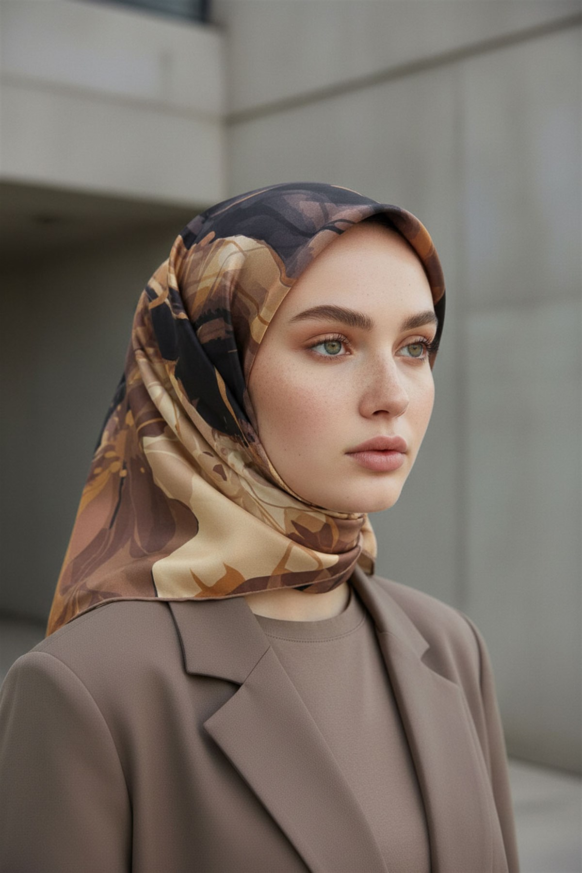 %100 Twill İpek Çiçekli Sulu Boya Dalga Desenli Hardal - Vizon Renkli 90x90 Eşarp Dikim Şekli : El Dikişi