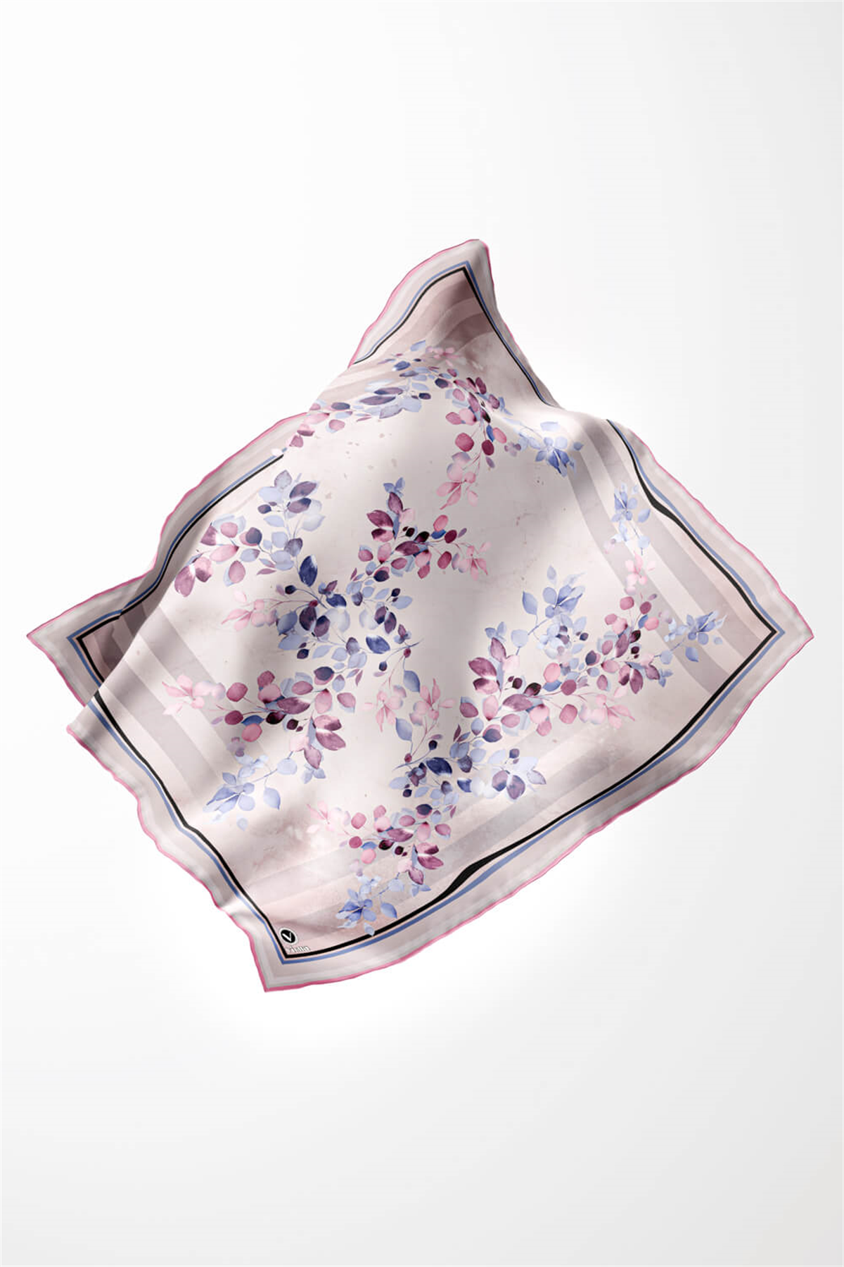 Twill Çiçek Desenli Pembe Renkli 90x90 Eşarp (İpek İçermez) Kenar Dikiş Şekli El Dikişli