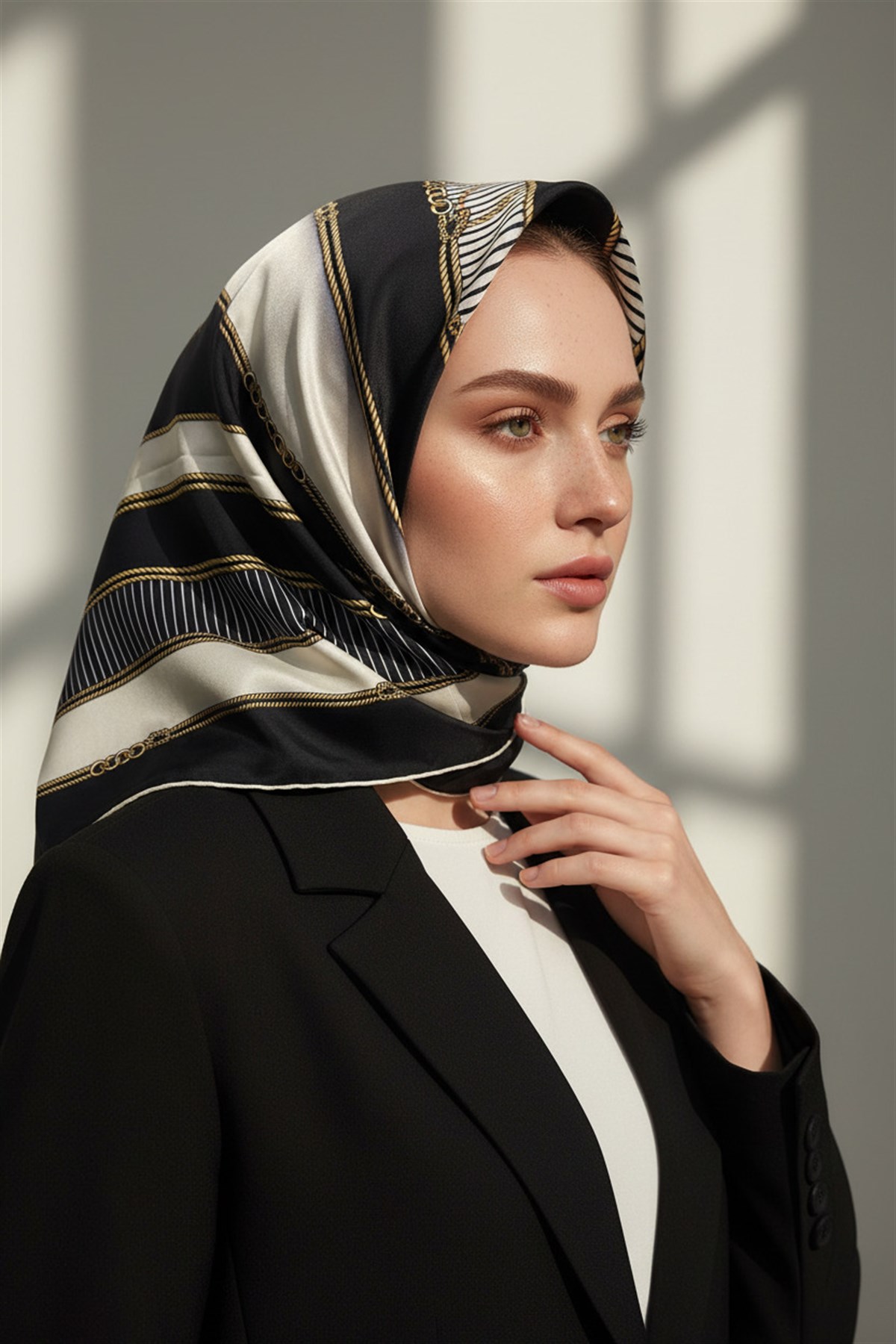 %100 Twill İpek Zincir Detaylı Geometrik Desenli Siyah - Krem Renkli 90x90 Eşarp Dikim Şekli : El Dikişi