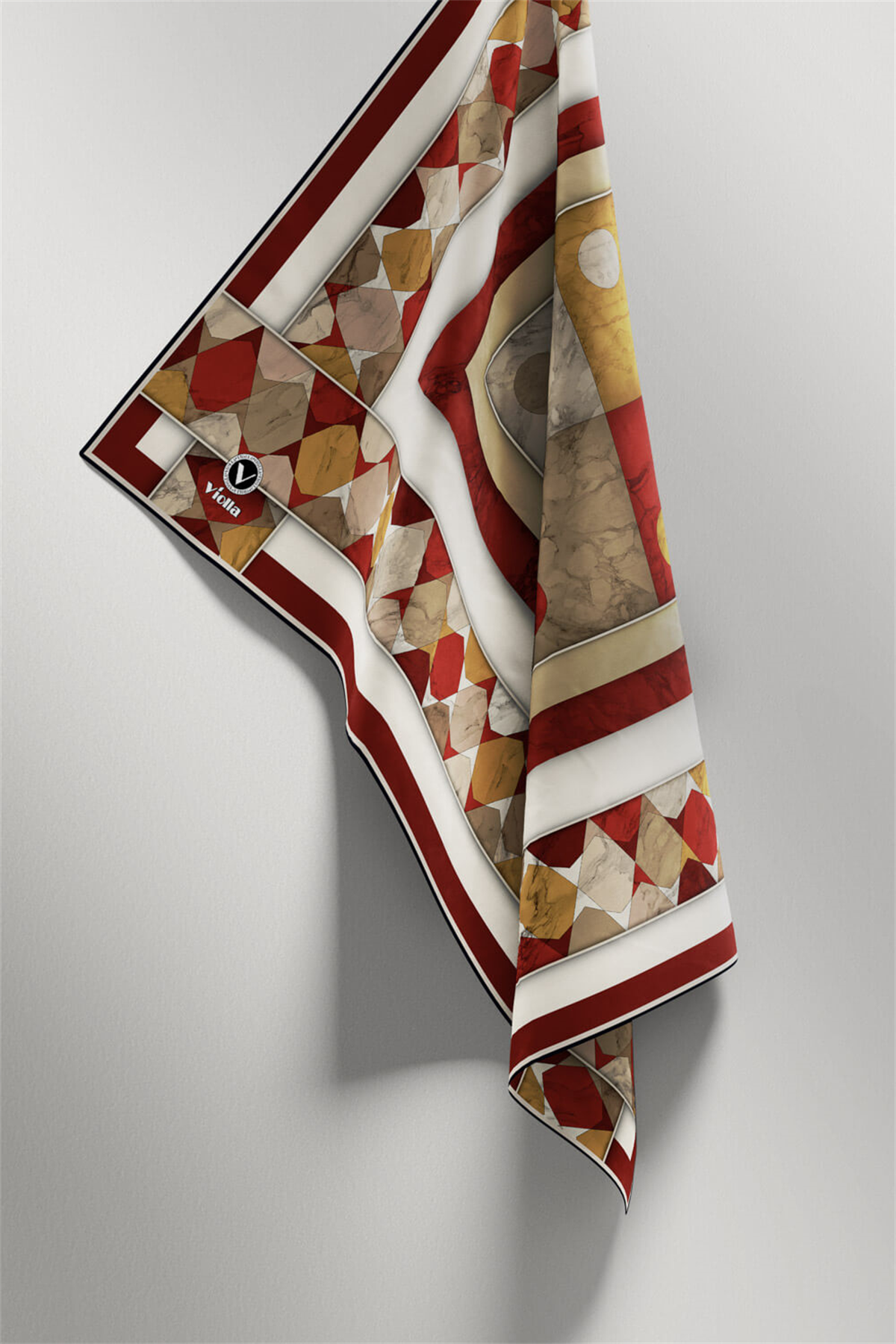 Twill Geometrik Mermer Desenli Bordo Renkli 90x90 Eşarp (İpek İçermez) Kenar Dikiş Şekli El Dikişli
