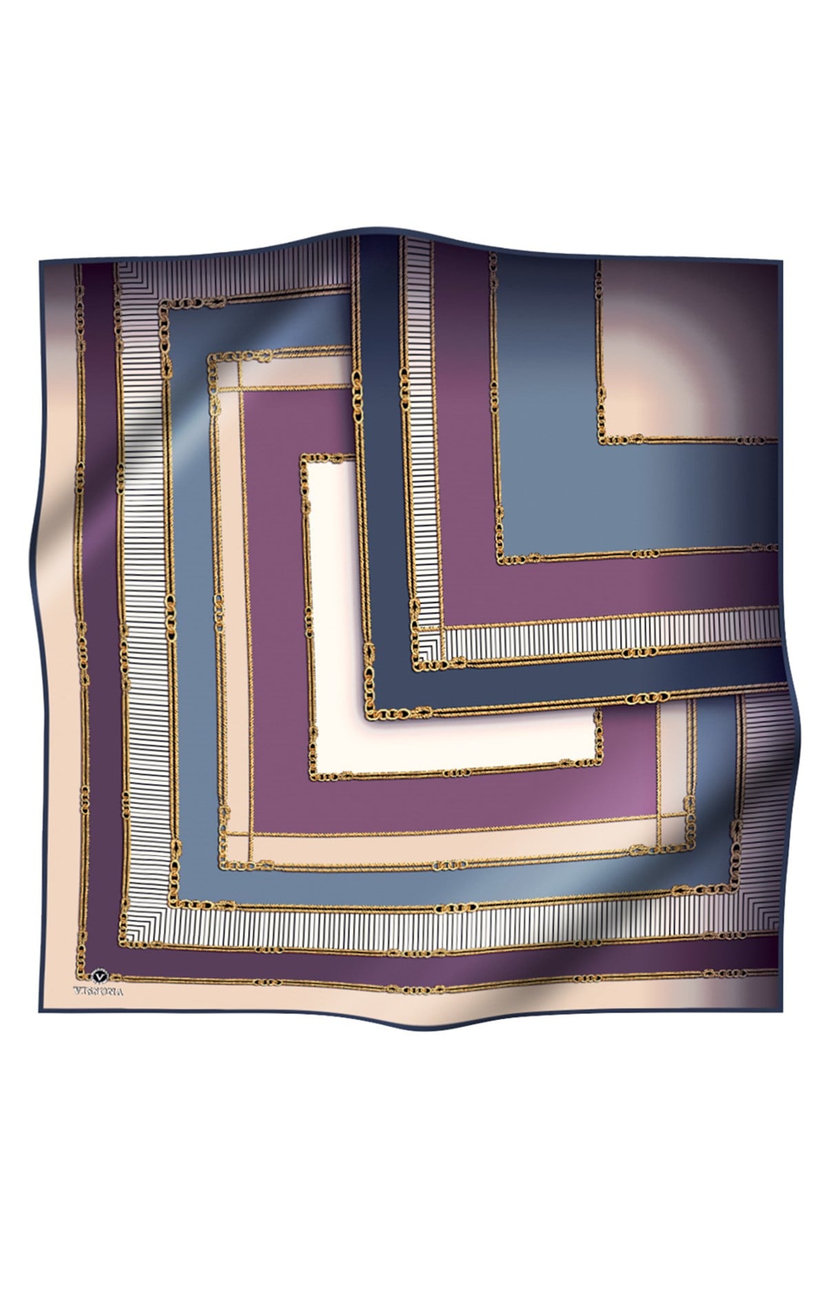 % 57 İPEK % 43 VİSKON Twill İpek Zincir Detaylı Geometrik Desenli İndigo - Mor Renkli 90x90 Eşarp Dikim Şekli : El Dikişi