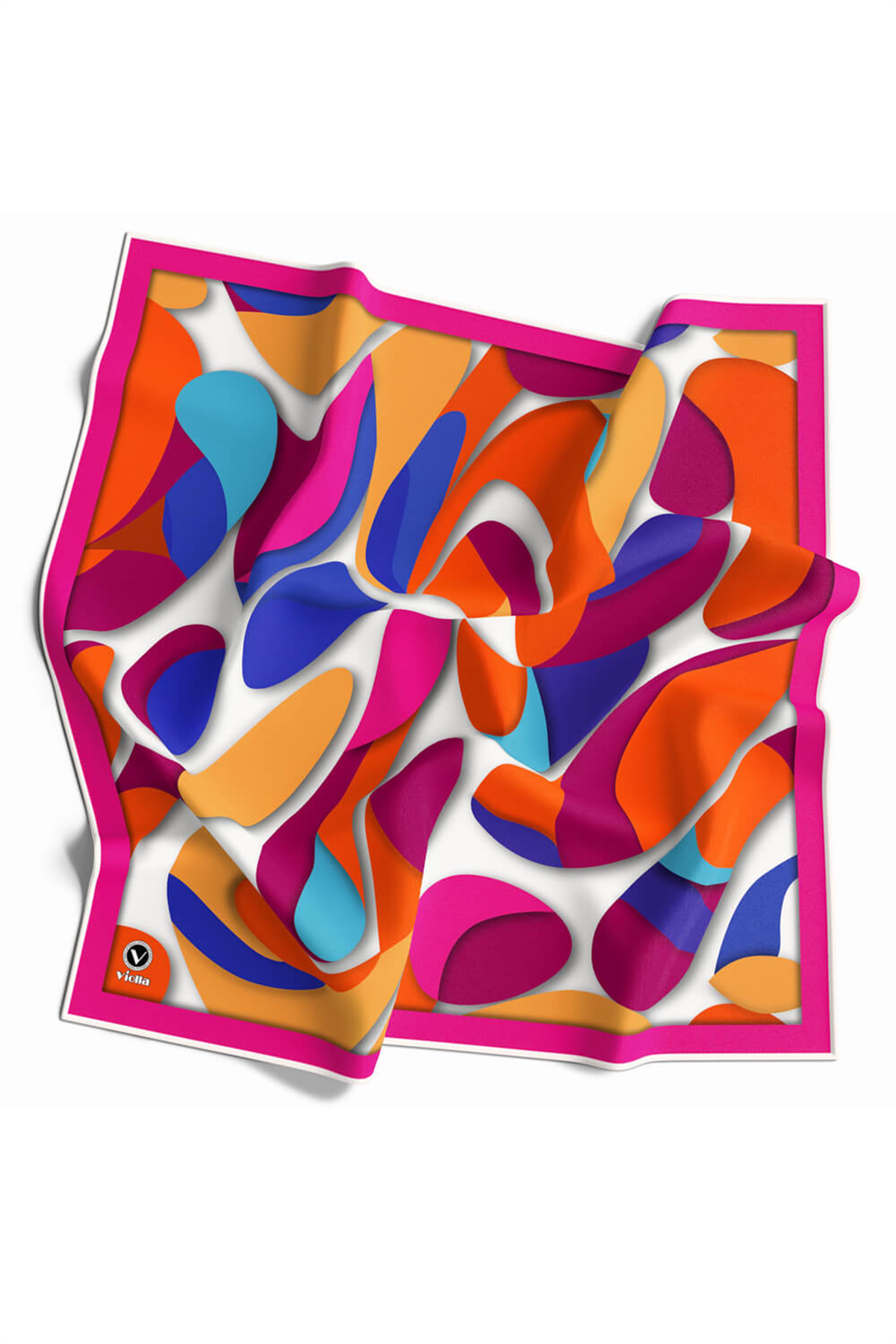 Twill Soyut Geometrik Desenli Fuşya - Turuncu Renkli 90x90 Eşarp (İpek İçermez) Dikim Şekli : El Dikişi