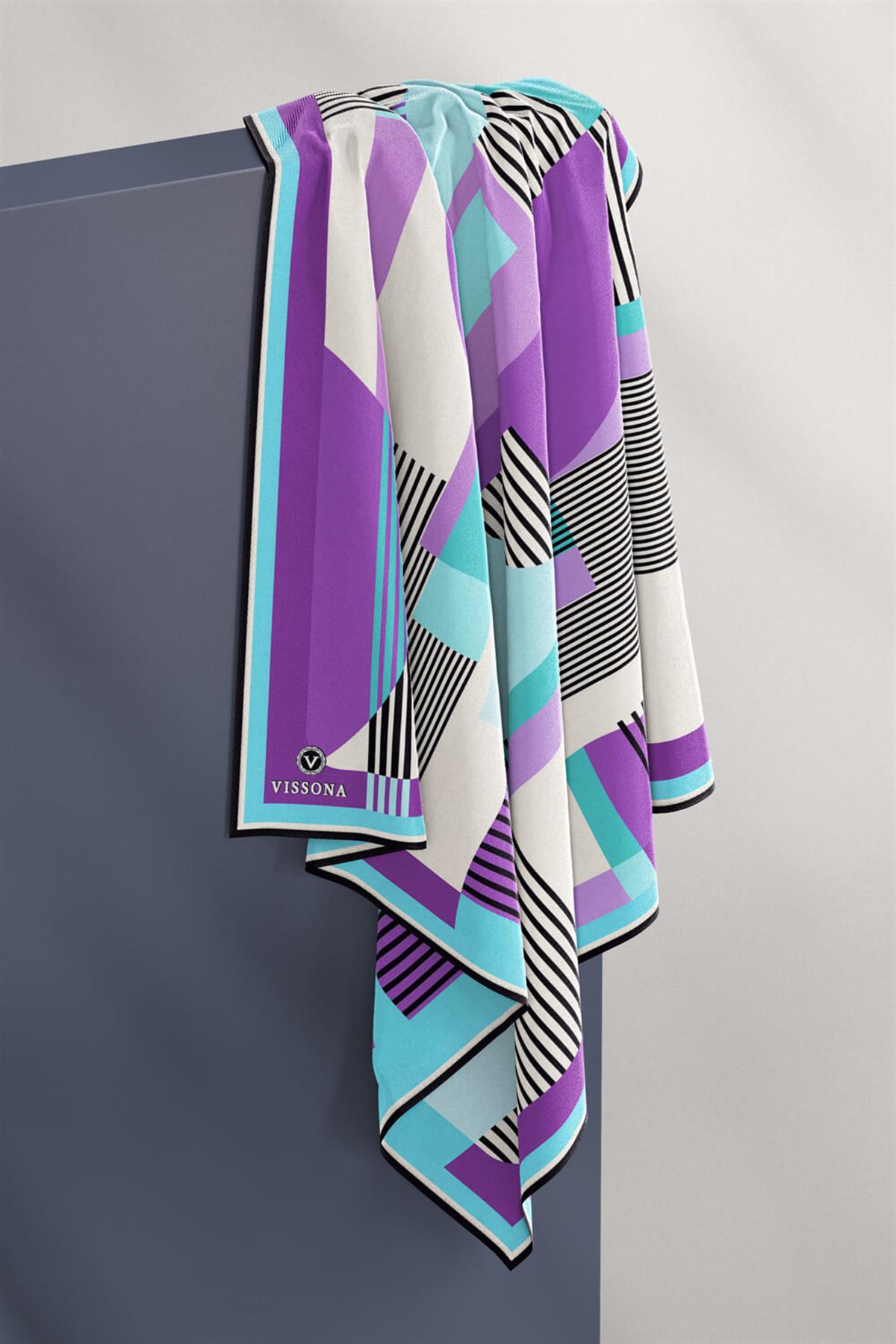 100% Twill İpek Geometrik Desenli Mint Yeşili - Lila Renkli 90x90 Dikim Şekli : El Dikişi Eşarp