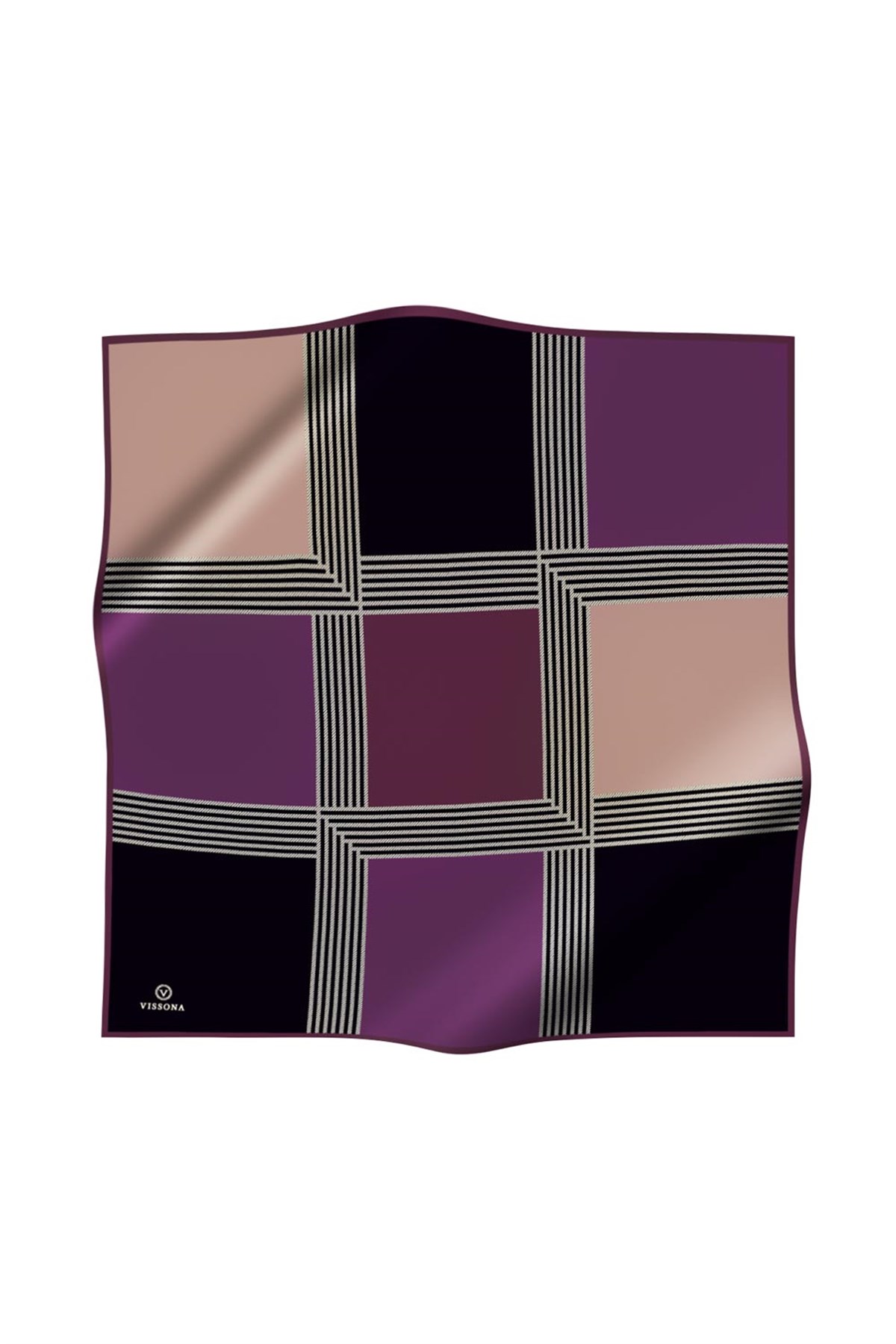% 57 İPEK % 43 VİSKON Twill İpek Geometrik Desenli Mürdüm Renkli 90x90 Eşarp Dikim Şekli : El Dikişi