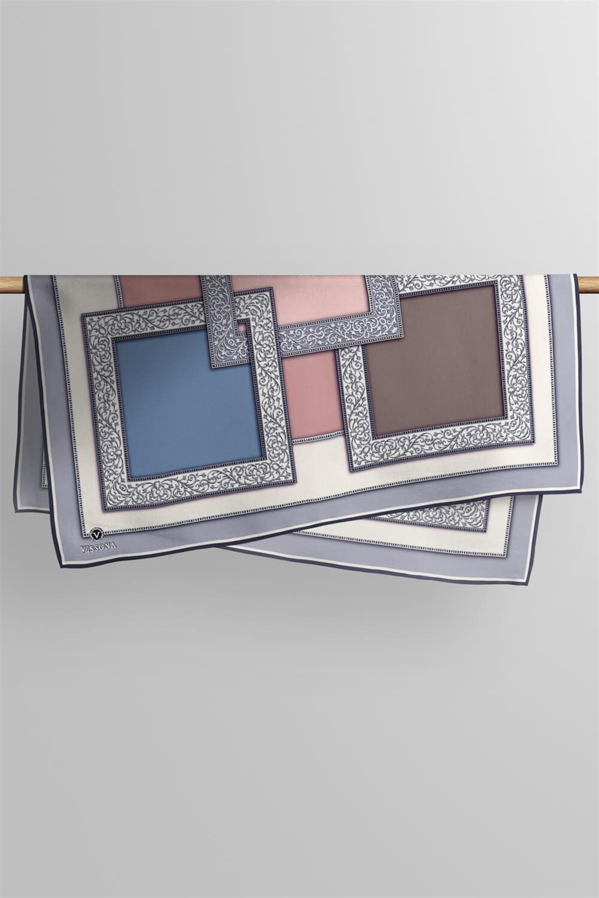 %100 Twill İpek Geometrik Desenli Gri - Pudra Renkli 90x90 Eşarp Dikim Şekli : El Dikişi
