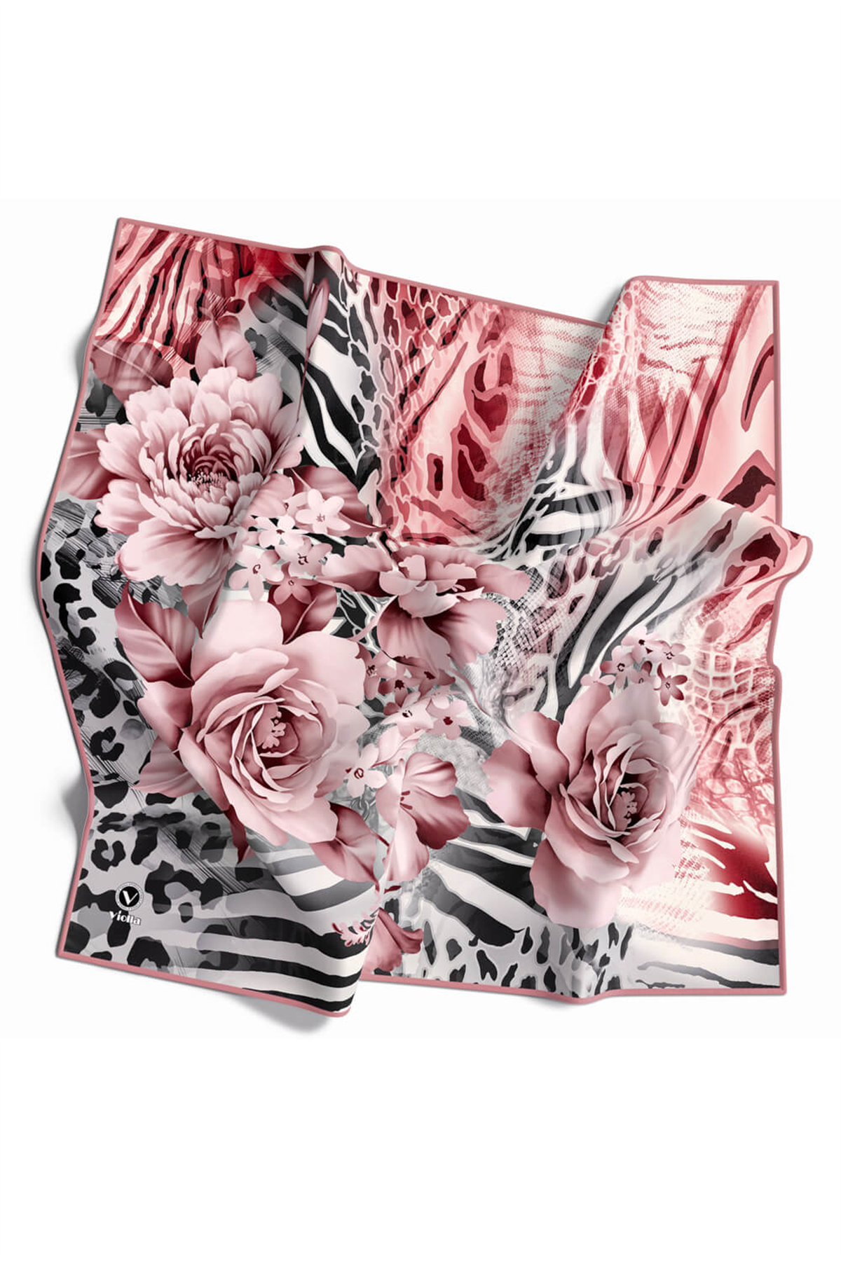 Twill Renkli Şerit Desenli Pudra Renkli 90x90 Eşarp (İpek İçermez) Kenar Dikiş Şekli El Dikişli