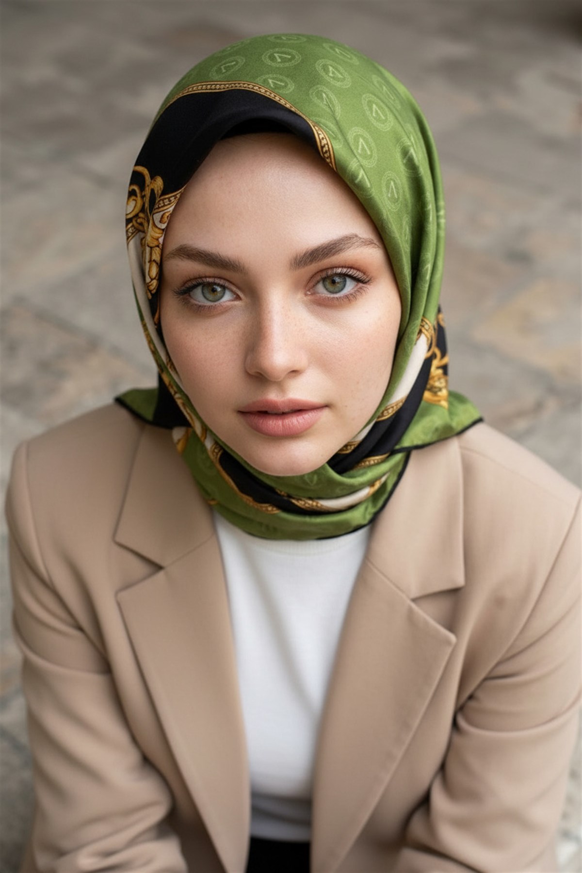 %100 Twill İpek Monogramlı Ve Barok Desenli Haki - Siyah Renkli 90x90 Eşarp Dikim Şekli : El Dikişi