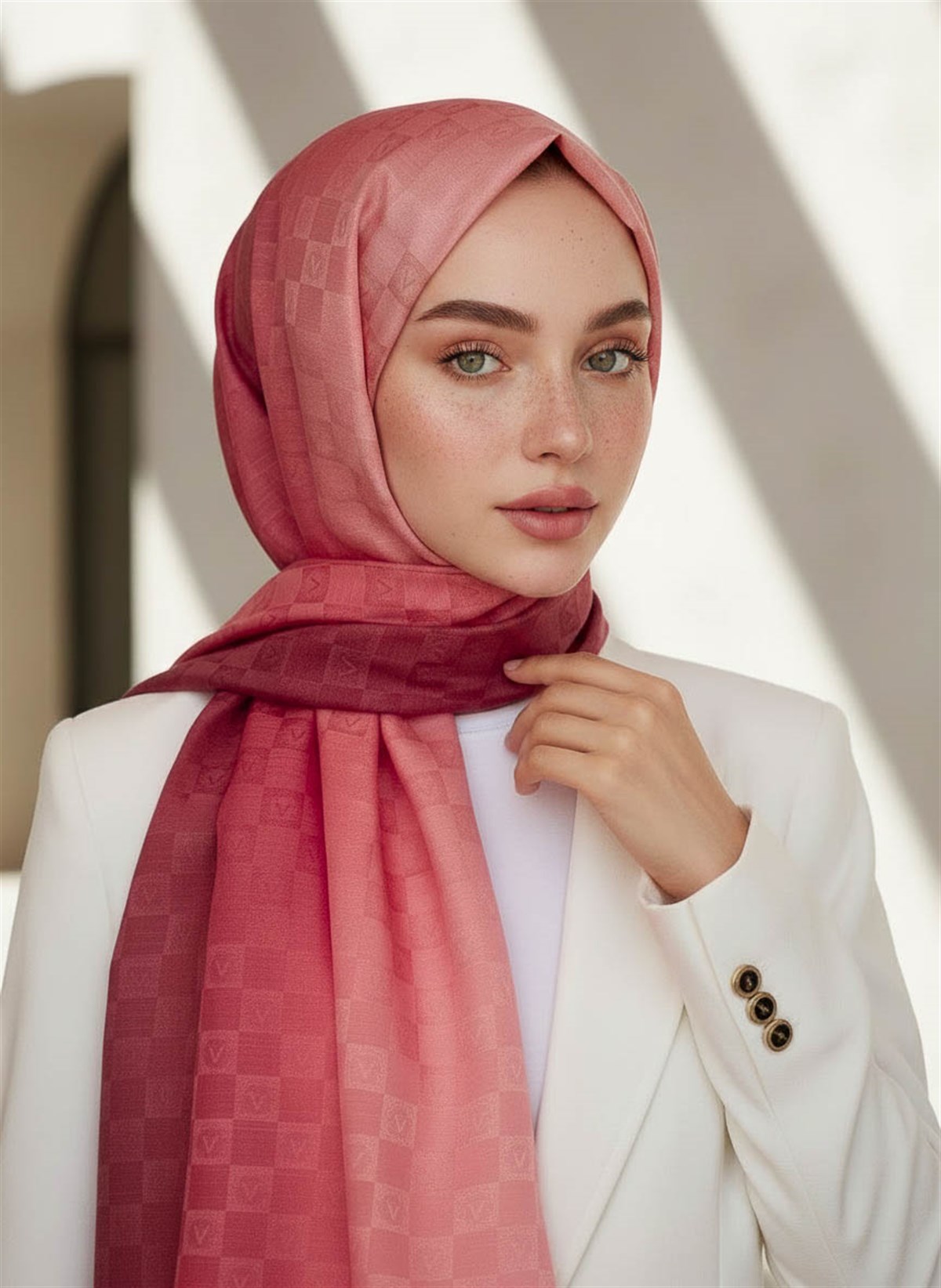 Vissona %57 İPEK %43 PAMUK Degrade Desenli Pudra Renkli Şal -  70x190 Dikiş Tipi İtalyan Dikişli