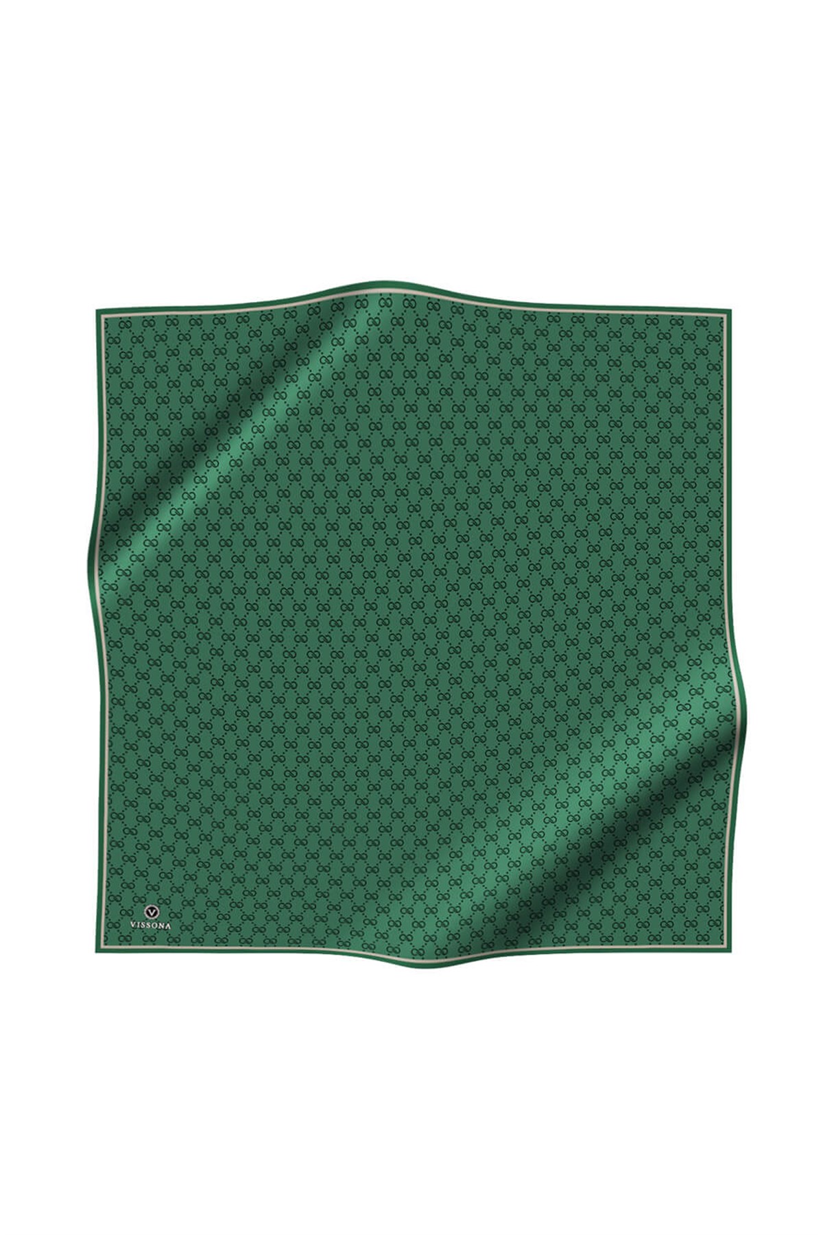 %100 Twill İpek Geometrik Desenli Zümrüt Yeşili Renkli 90x90 Eşarp Dikim Şekli : El Dikişi