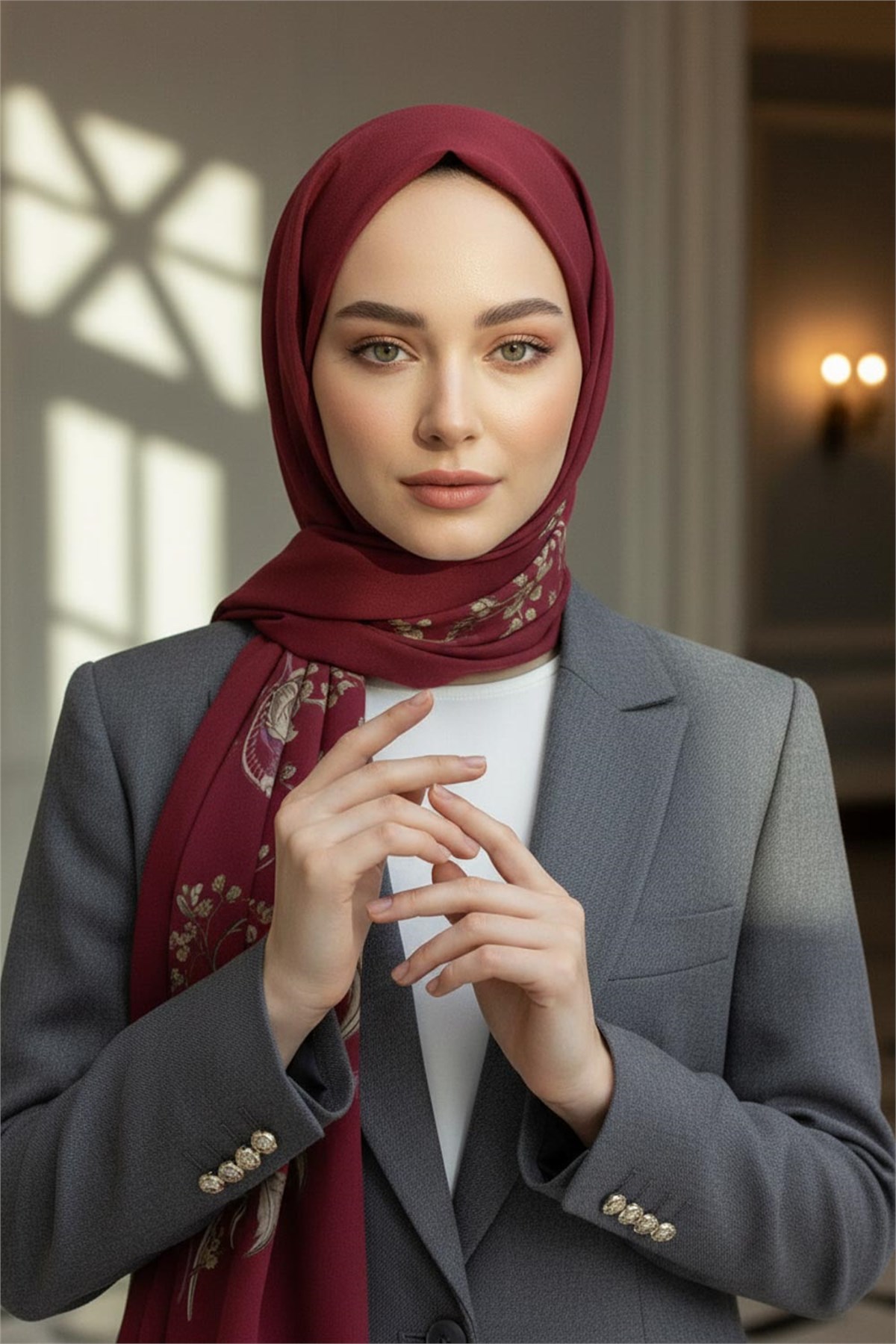 KREP NAKIŞ ÇİÇEK DESENLİ BORDO RENKLİ 75X195 KIRIŞMAZ ŞAL