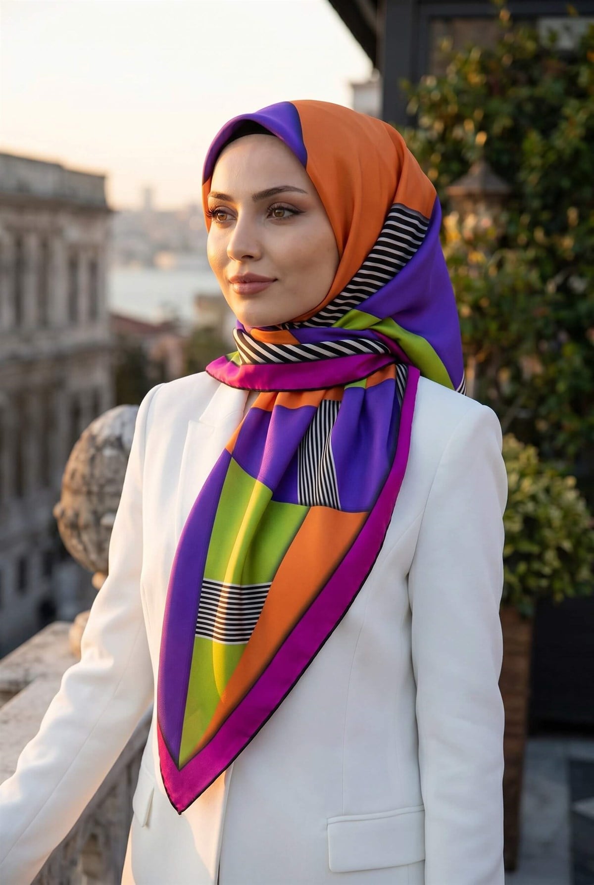 %100 Twill İpek Çizgili ve Geometrik Desenli Fuşya - Turuncu Renkli 90x90 Eşarp Dikim Şekli : El Dikişi