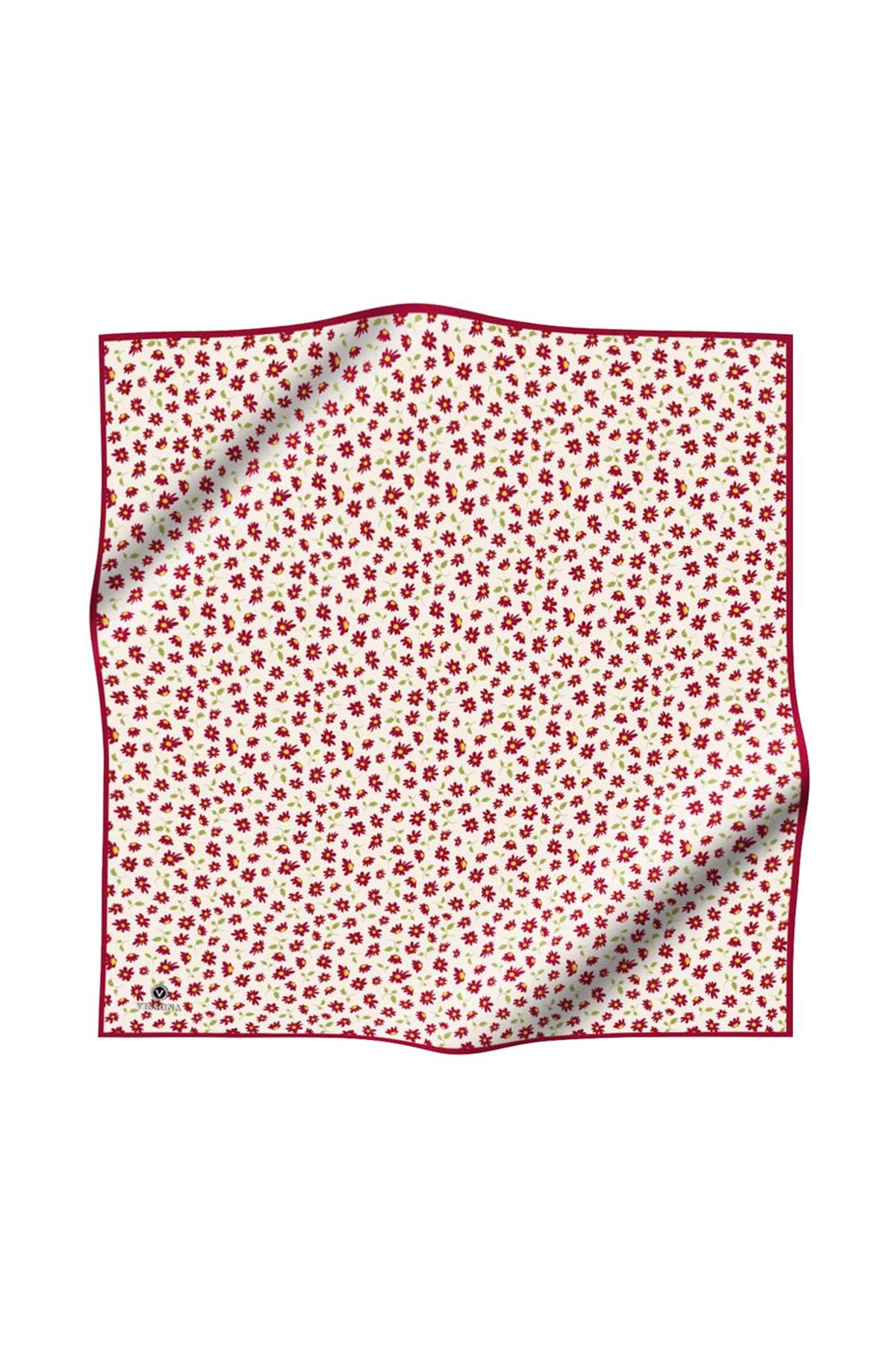 %100 Twill İpek Papatya Desenli Krem - Kırmızı Renkli 90x90 Eşarp Dikim Şekli : El Dikişi