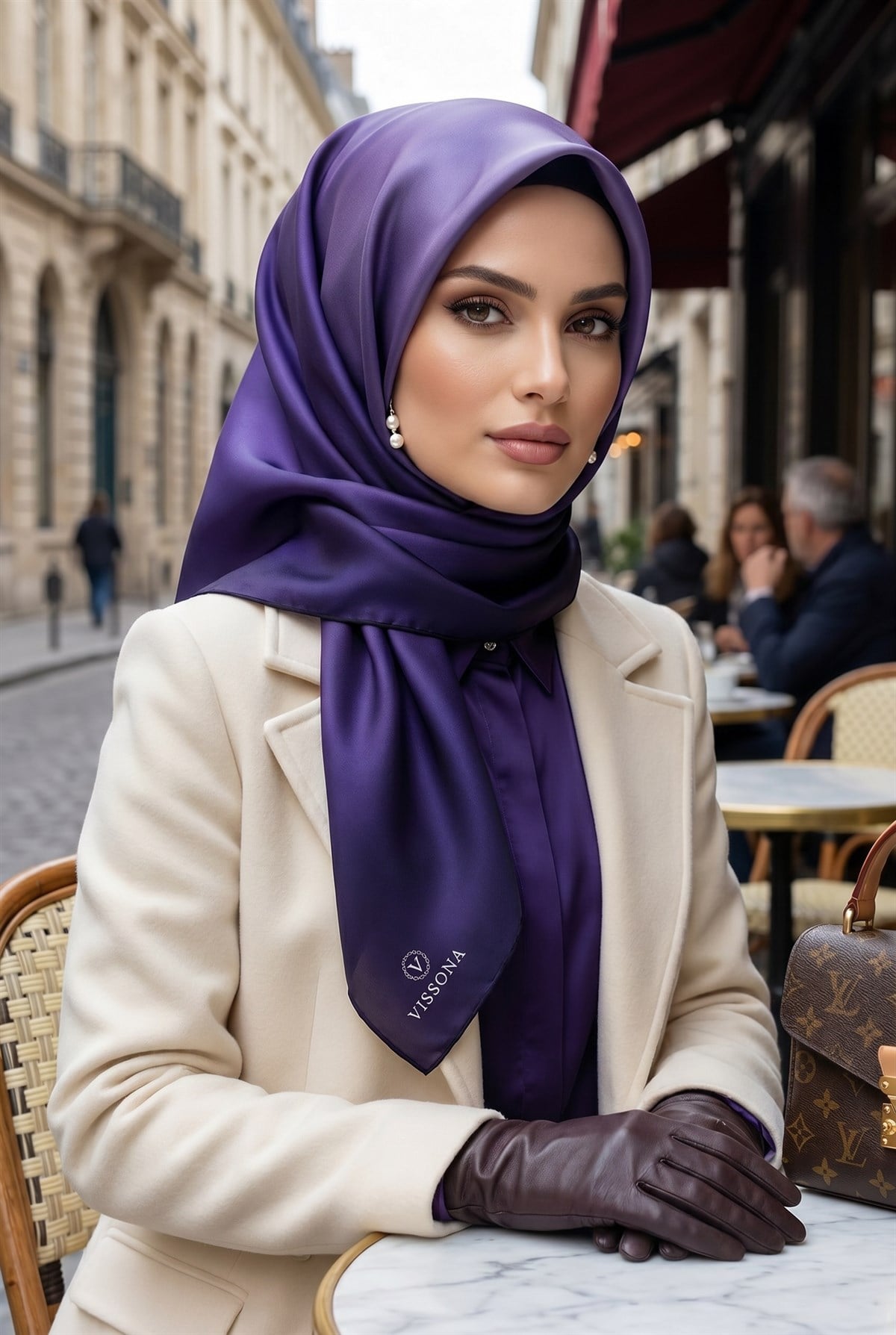 %100 Twill İpek Degrade Desenli Mor Renkli 90x90 Eşarp Dikim Şekli : El Dikişi