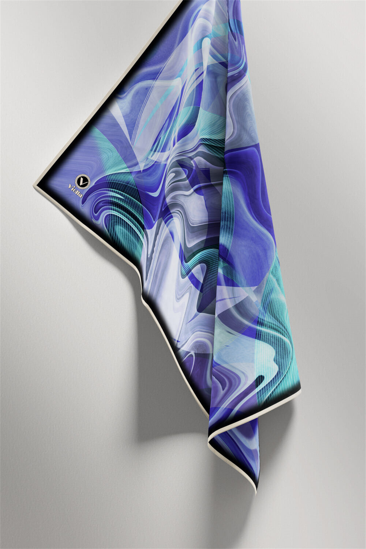 Twill Soyut Dalga Desenli Saks Renkli 90x90 Eşarp (İpek İçermez) Dikim Şekli : El Dikişi