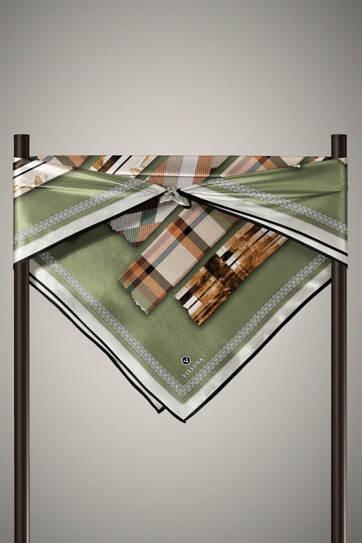 %100 Twill İpek Ekose Desenli Haki - Bakır Renkli 90x90 Eşarp Dikim Şekli : El Dikişi